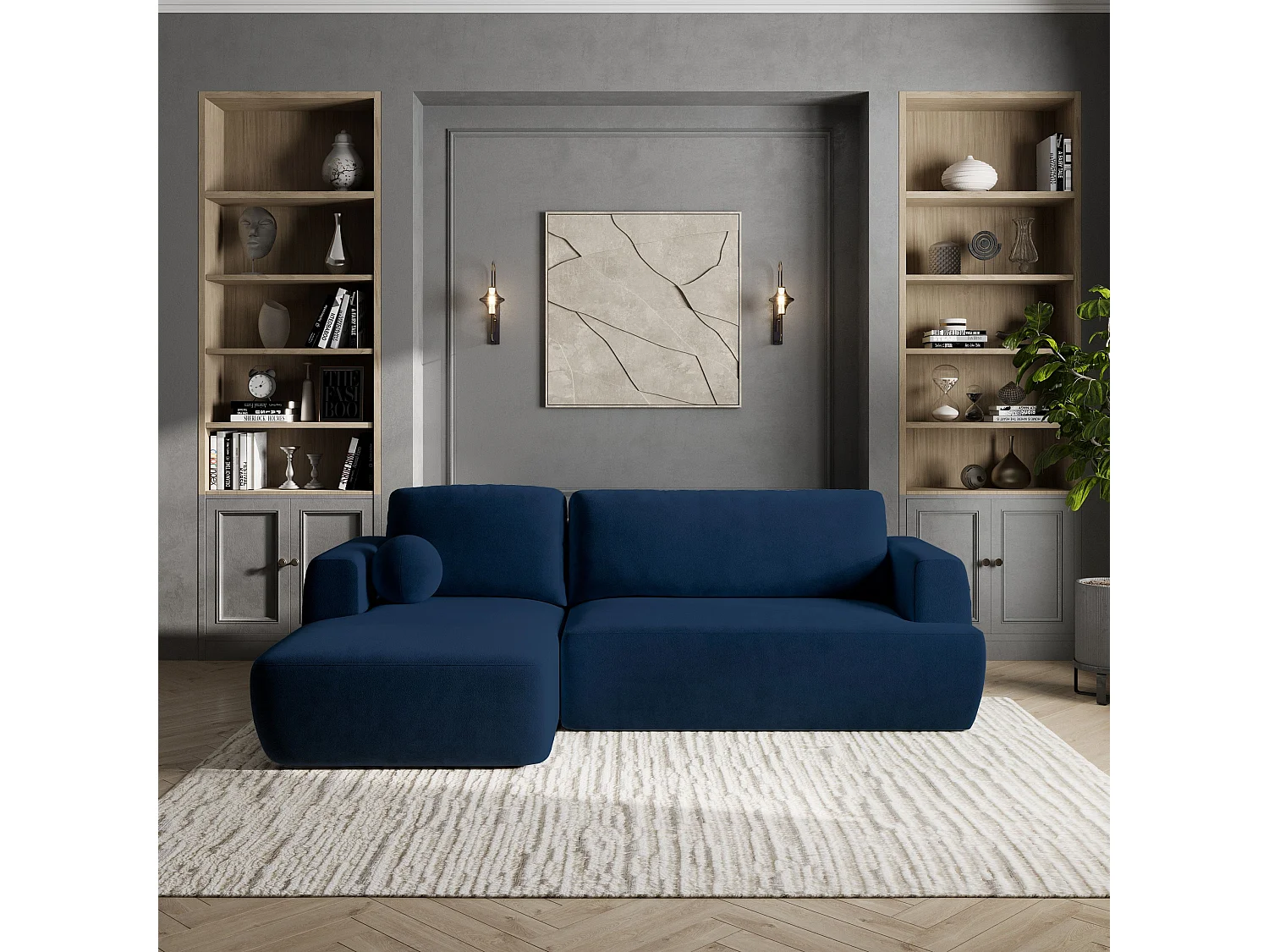 Canapé d'angle SENTI Bleu en peluche avec fonction de couchage