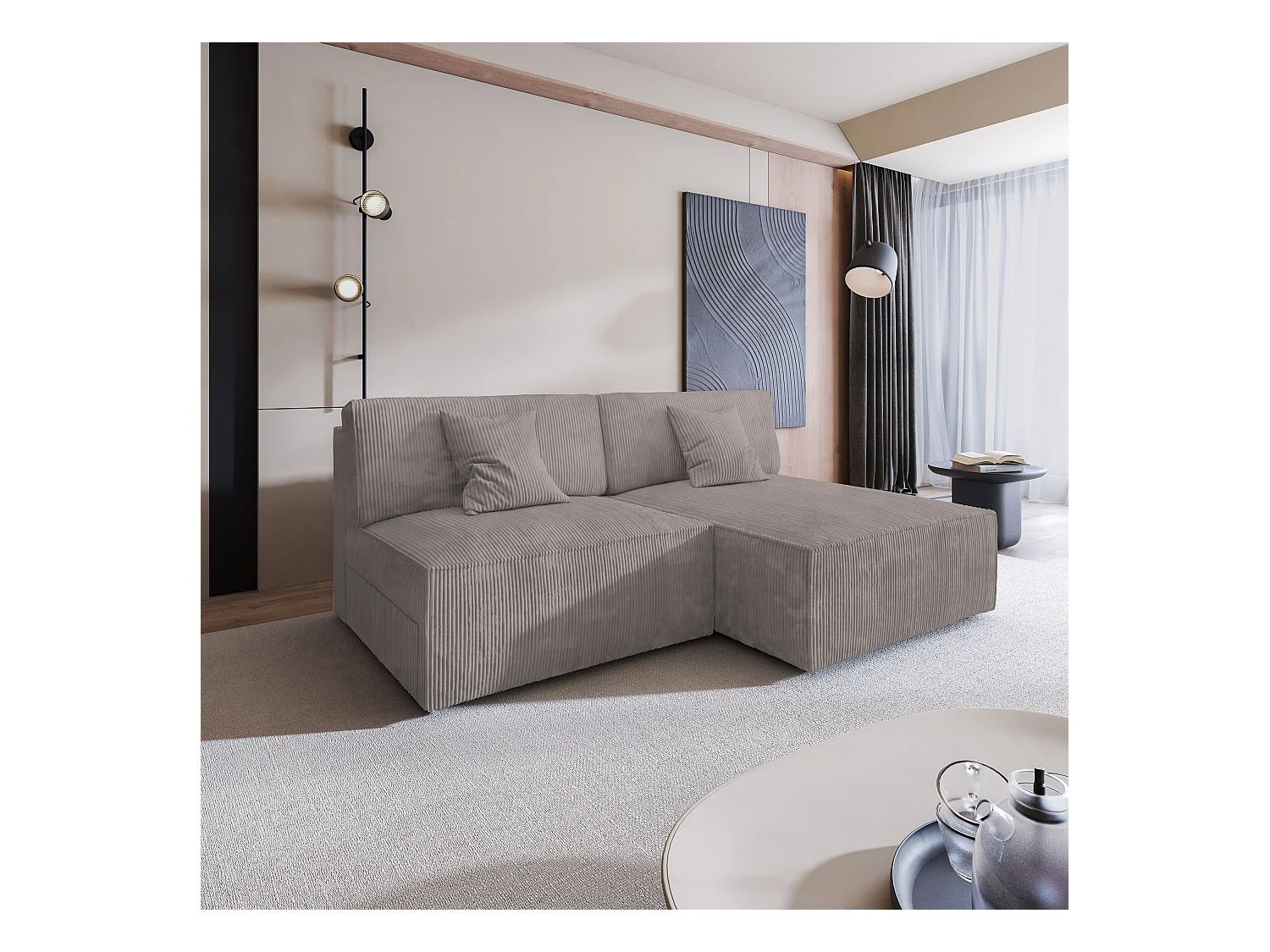 Canapé d'angle FIORO Beige en velours côtelé avec fonction de couchage