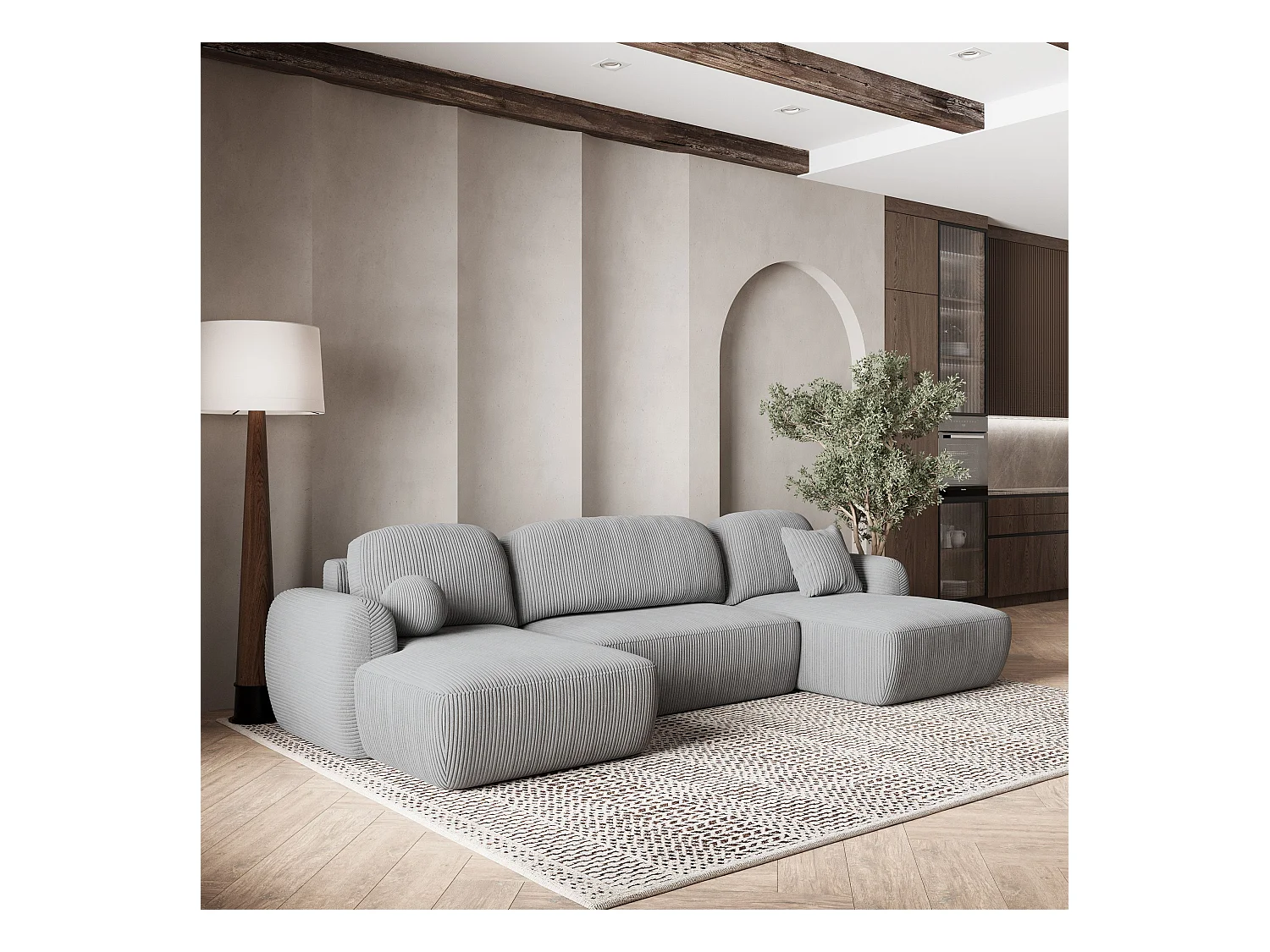 Canapé d'angle SAVONA Gris clair en velours côtelé avec fonction de couchage