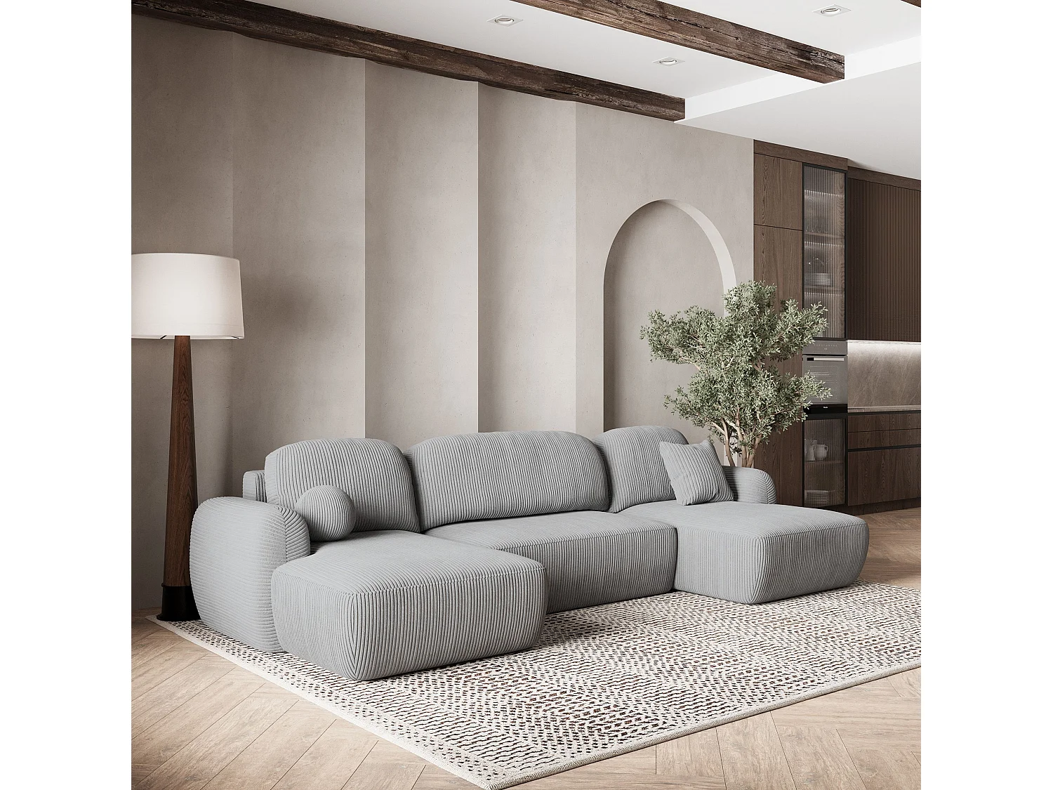 Canapé d'angle SAVONA Gris clair en velours côtelé avec fonction de couchage