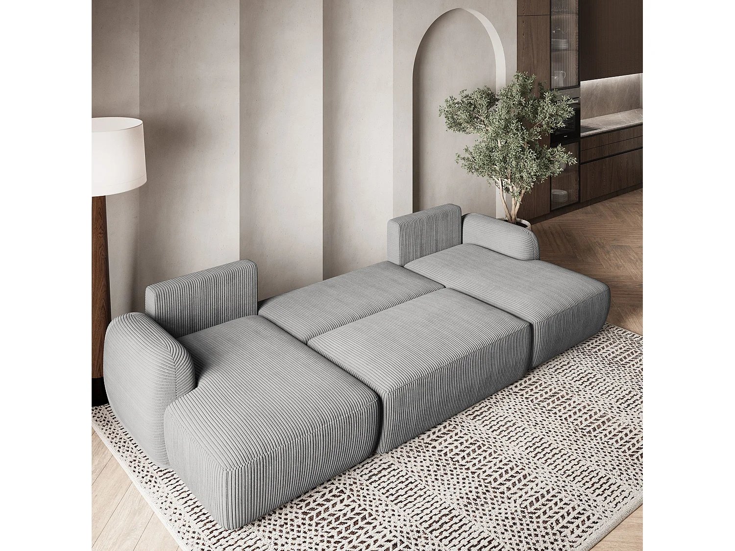 Canapé d'angle SAVONA Gris clair en velours côtelé avec fonction de couchage