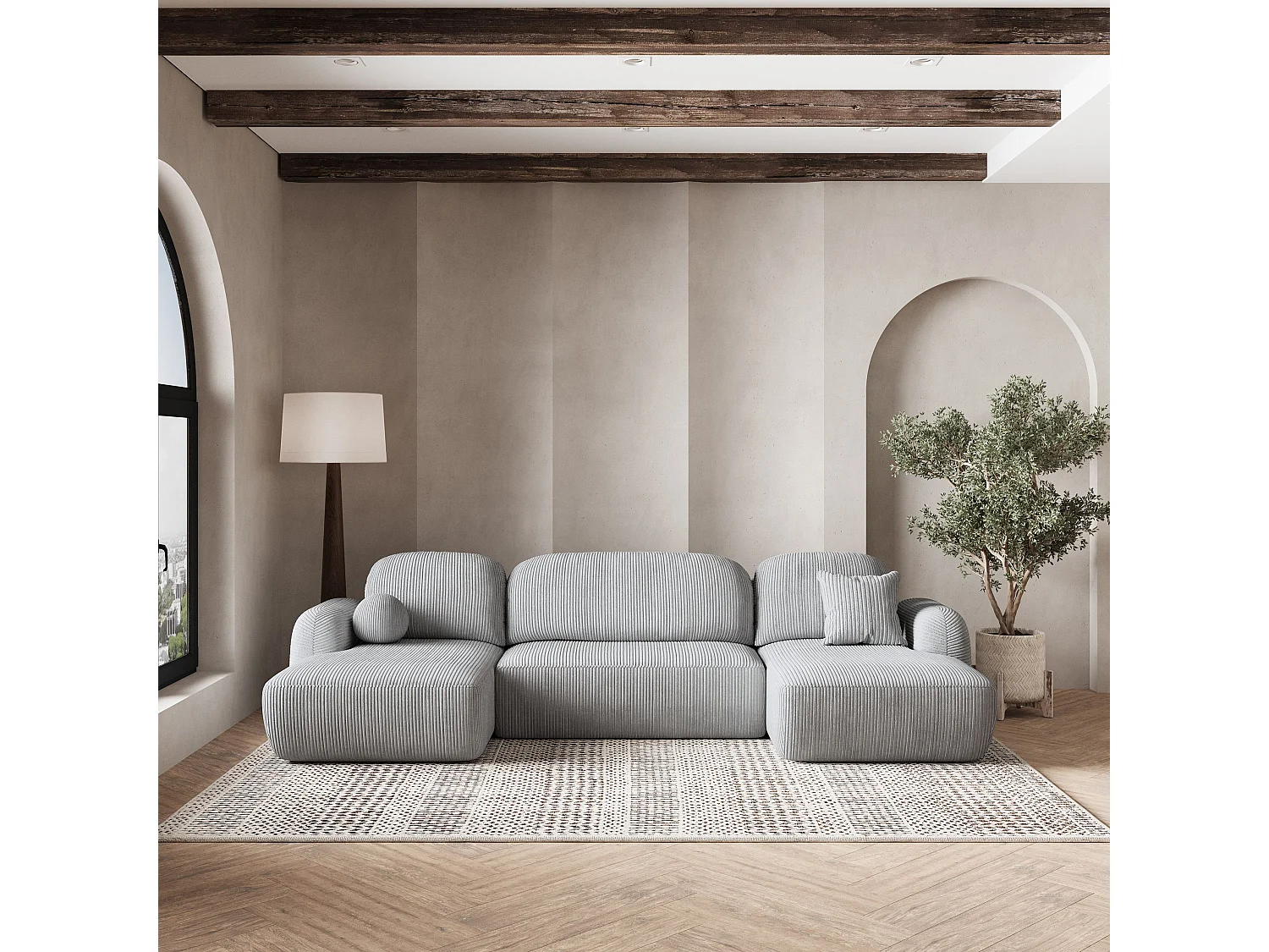 Canapé d'angle SAVONA Gris clair en velours côtelé avec fonction de couchage