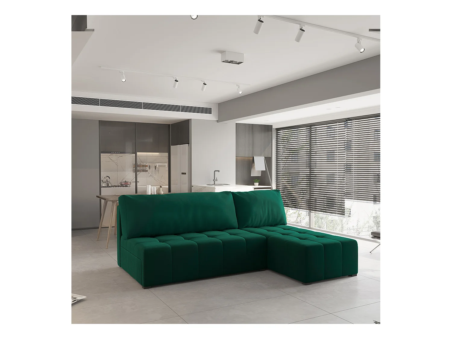 Canapé d'angle DOMIRA Vert Sapin en peluche avec fonction de couchage