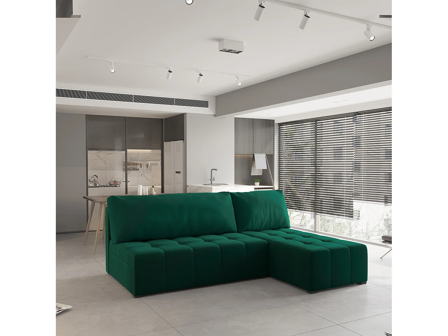 Canapé d'angle DOMIRA Vert Sapin en peluche avec fonction de couchage