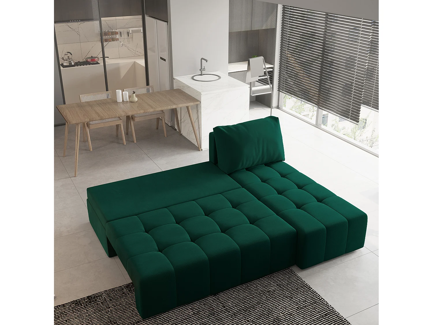 Canapé d'angle DOMIRA Vert Sapin en peluche avec fonction de couchage