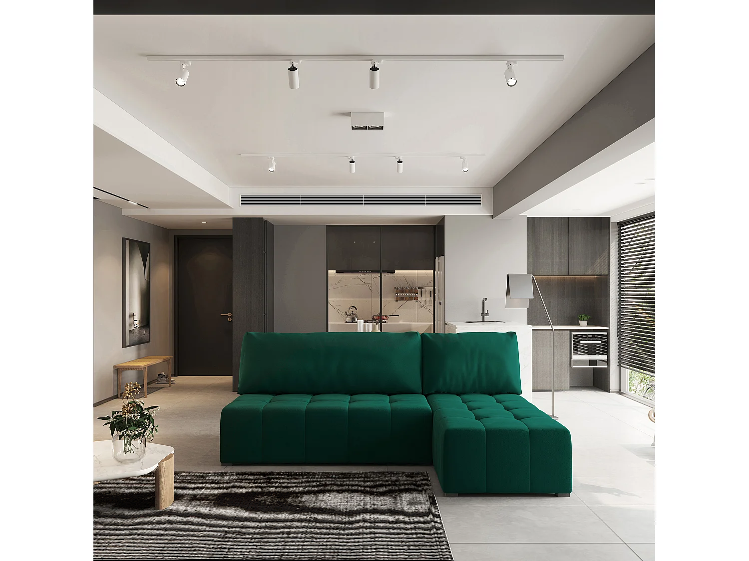 Canapé d'angle DOMIRA Vert Sapin en peluche avec fonction de couchage