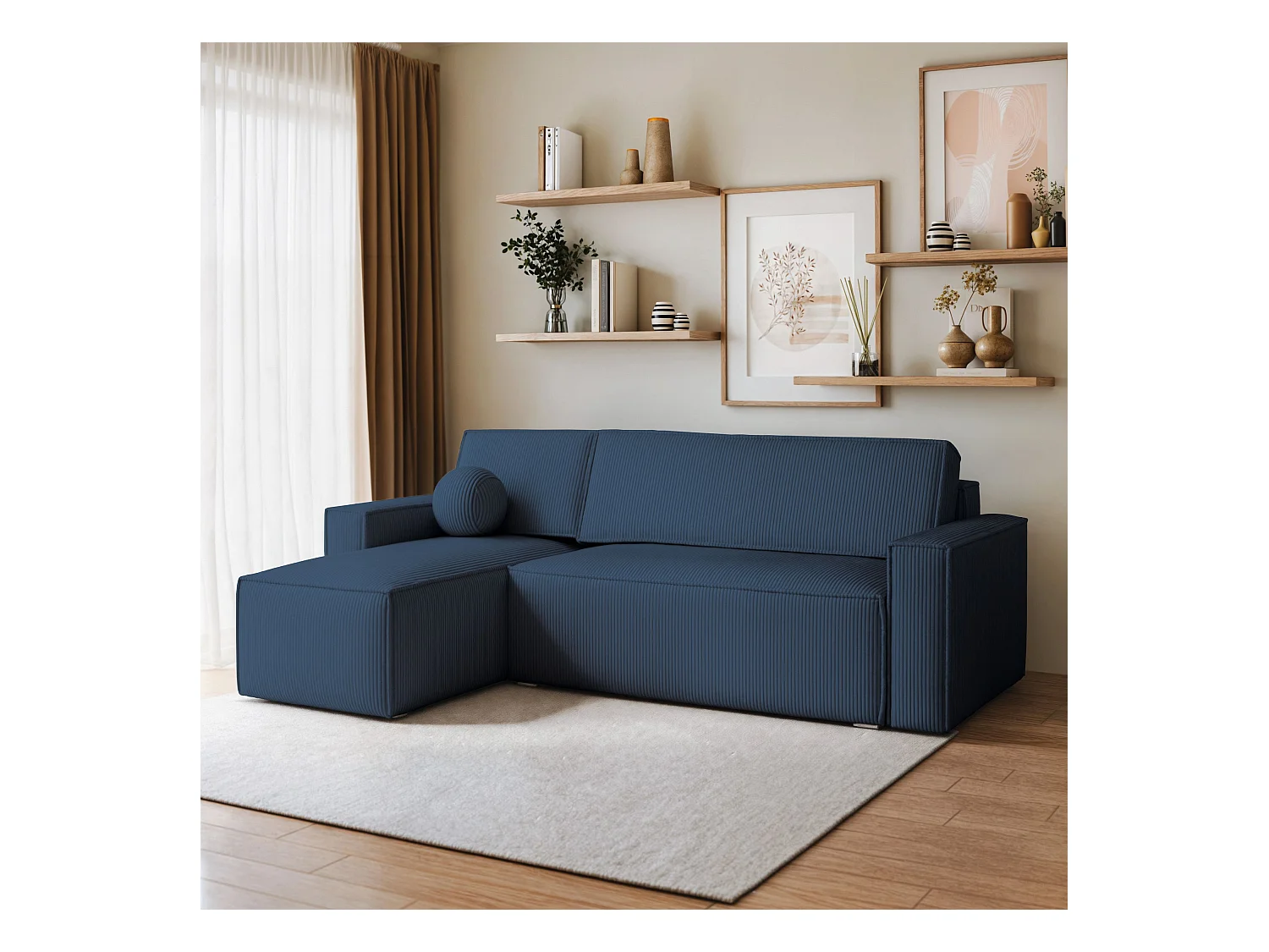 Canapé d'angle RAVELO Bleu en velours côtelé avec fonction de couchage