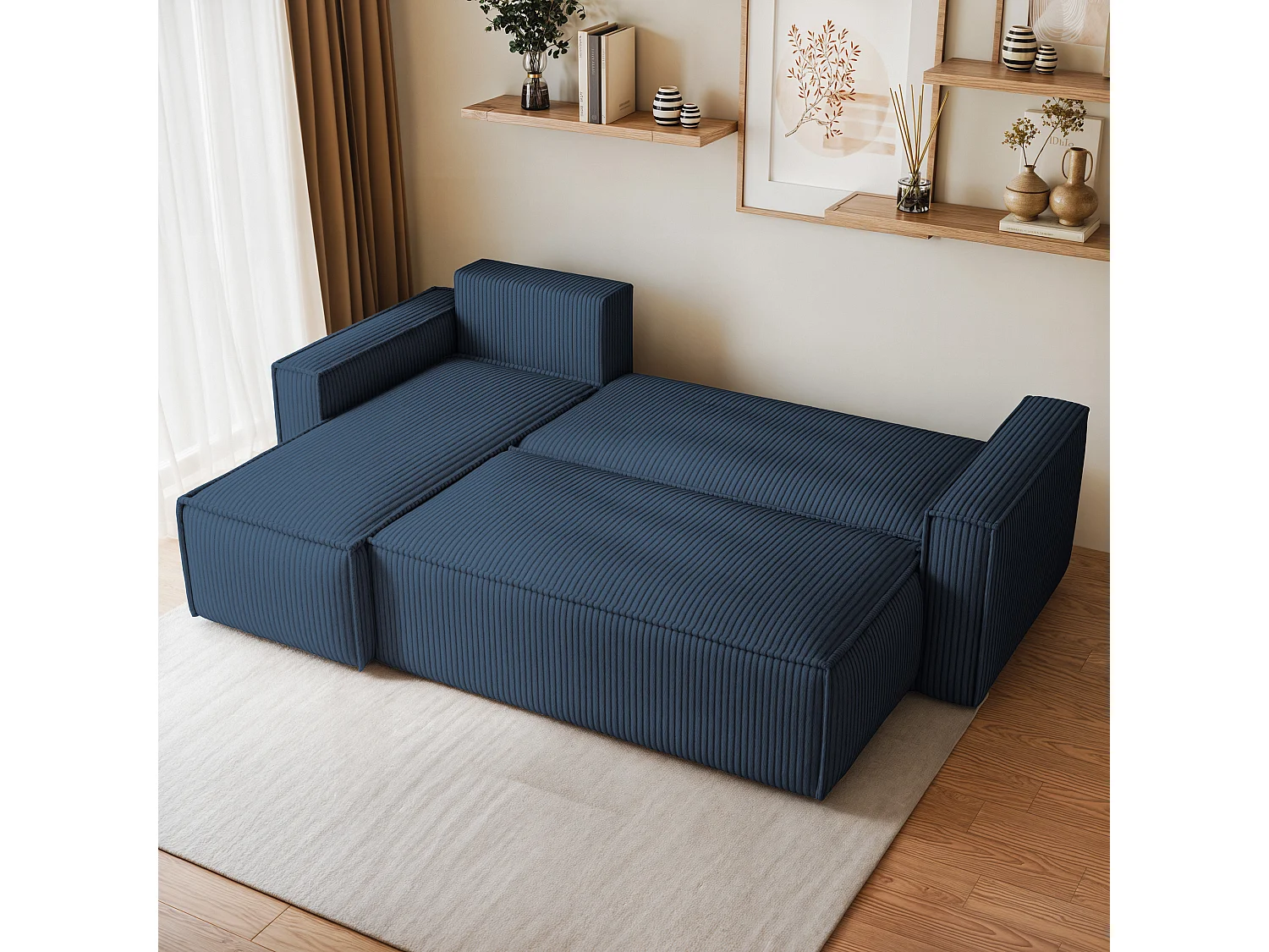 Canapé d'angle RAVELO Bleu en velours côtelé avec fonction de couchage