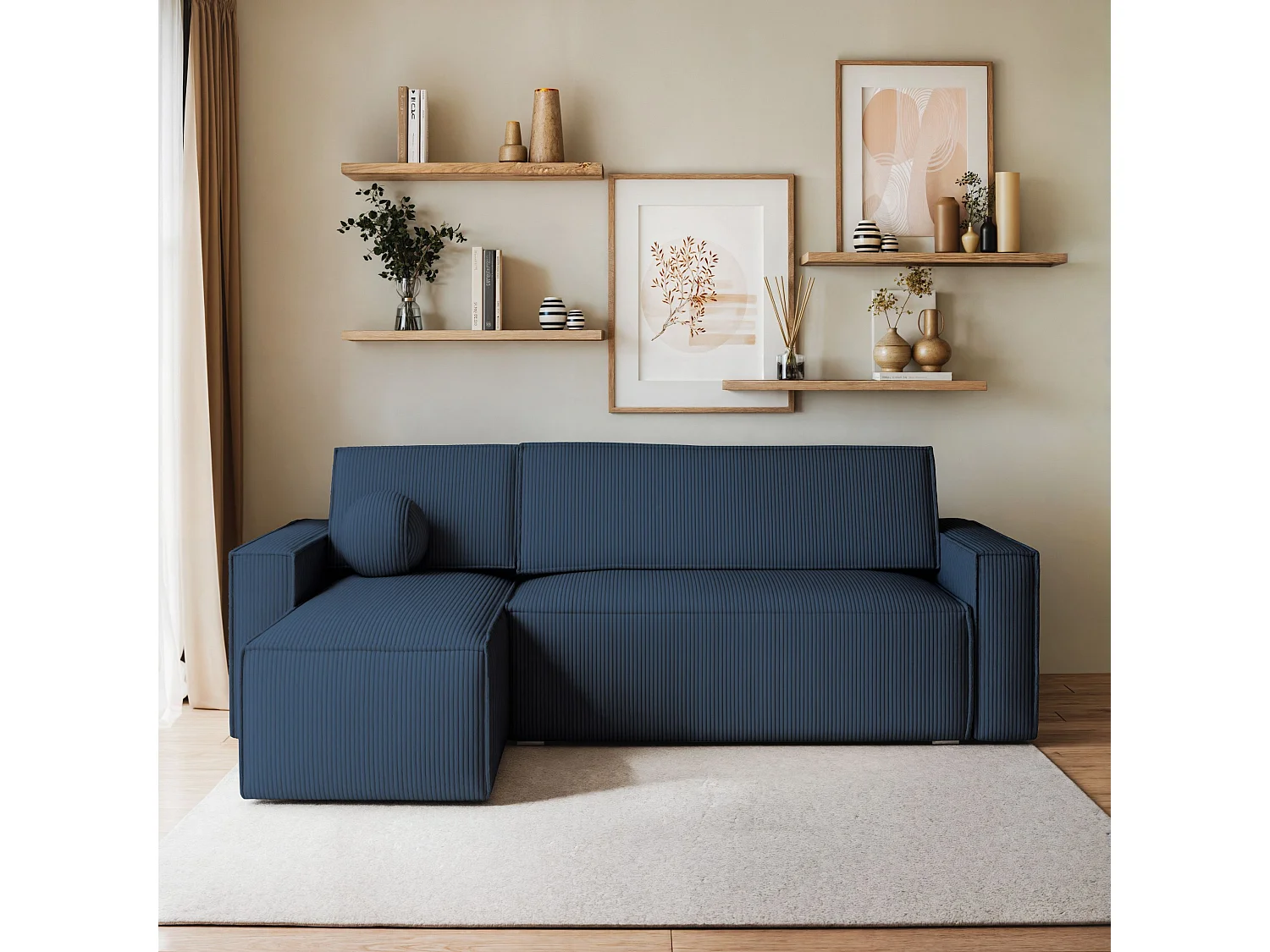 Canapé d'angle RAVELO Bleu en velours côtelé avec fonction de couchage