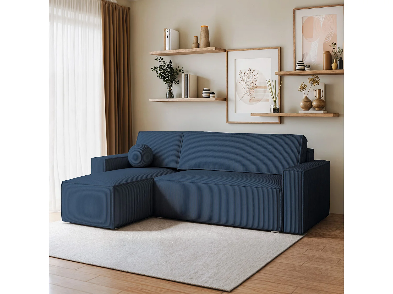 Canapé d'angle RAVELO Bleu en velours côtelé avec fonction de couchage