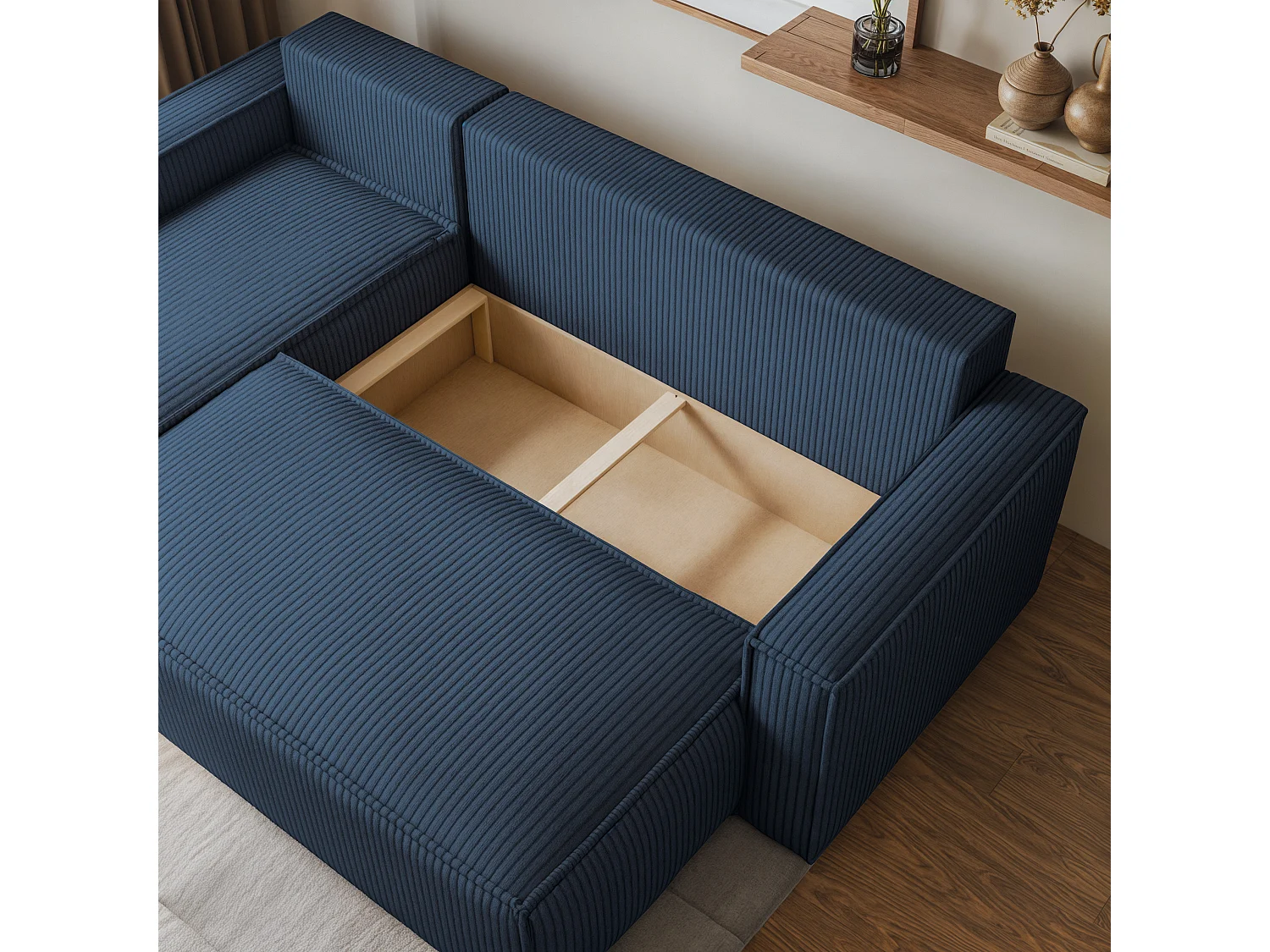 Canapé d'angle RAVELO Bleu en velours côtelé avec fonction de couchage