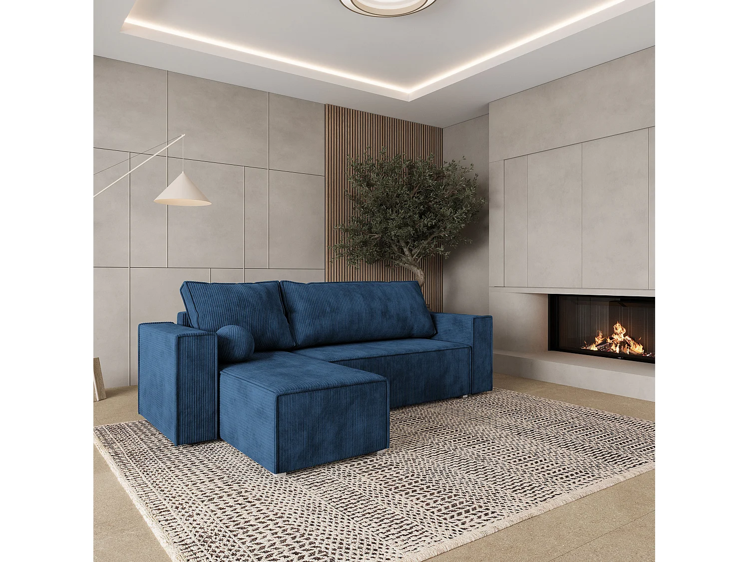 Hoekbank RAVELO van fluweel met slaapfunctie Blau
