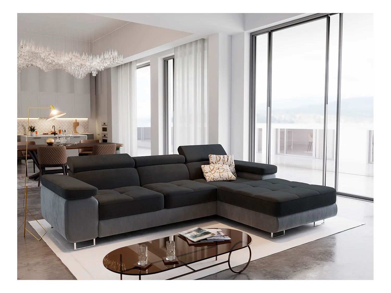 Canapé d'angle ELMA Noir en velours avec fonction de couchage