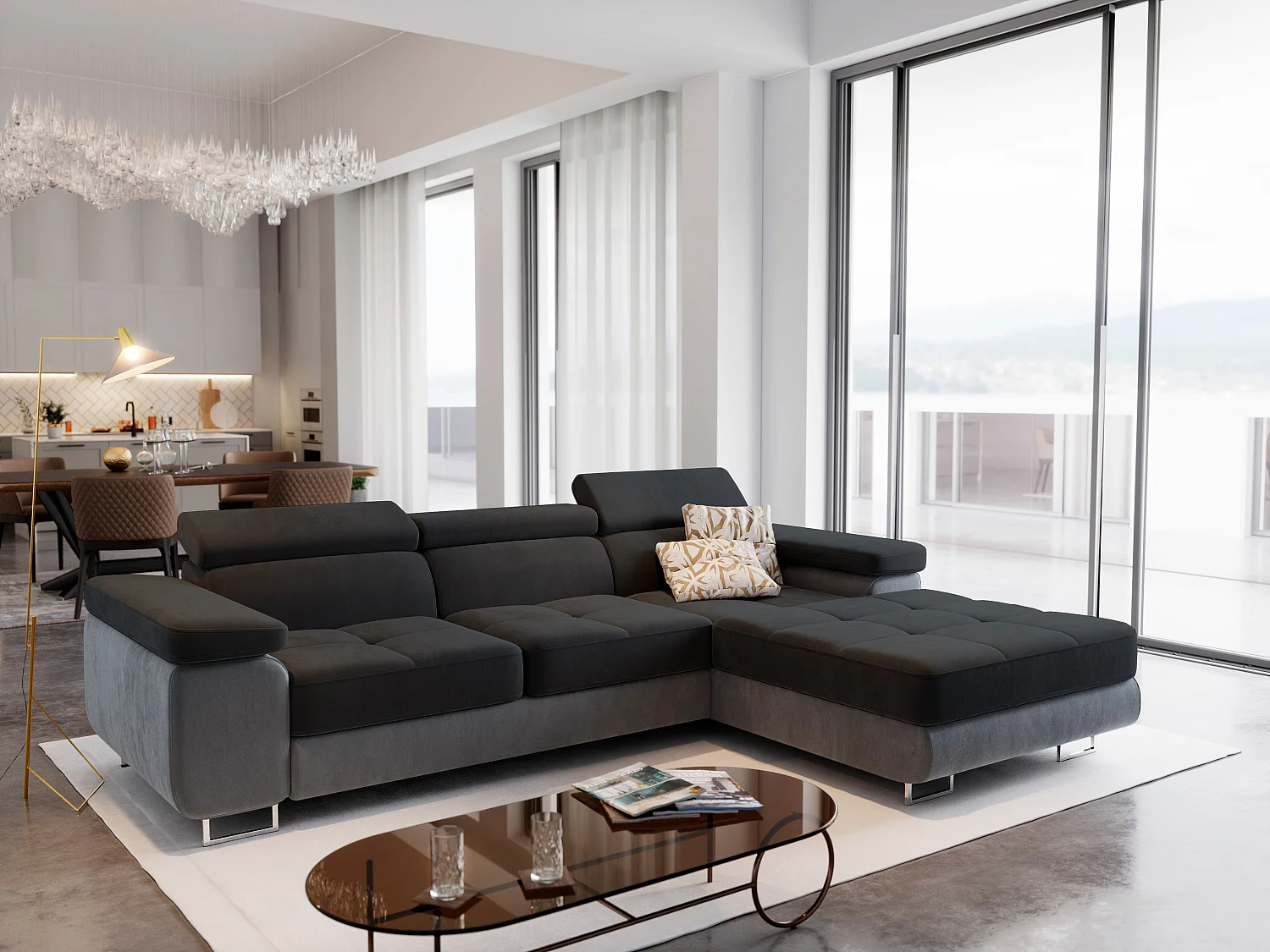 Canapé d'angle ELMA Noir en velours avec fonction de couchage