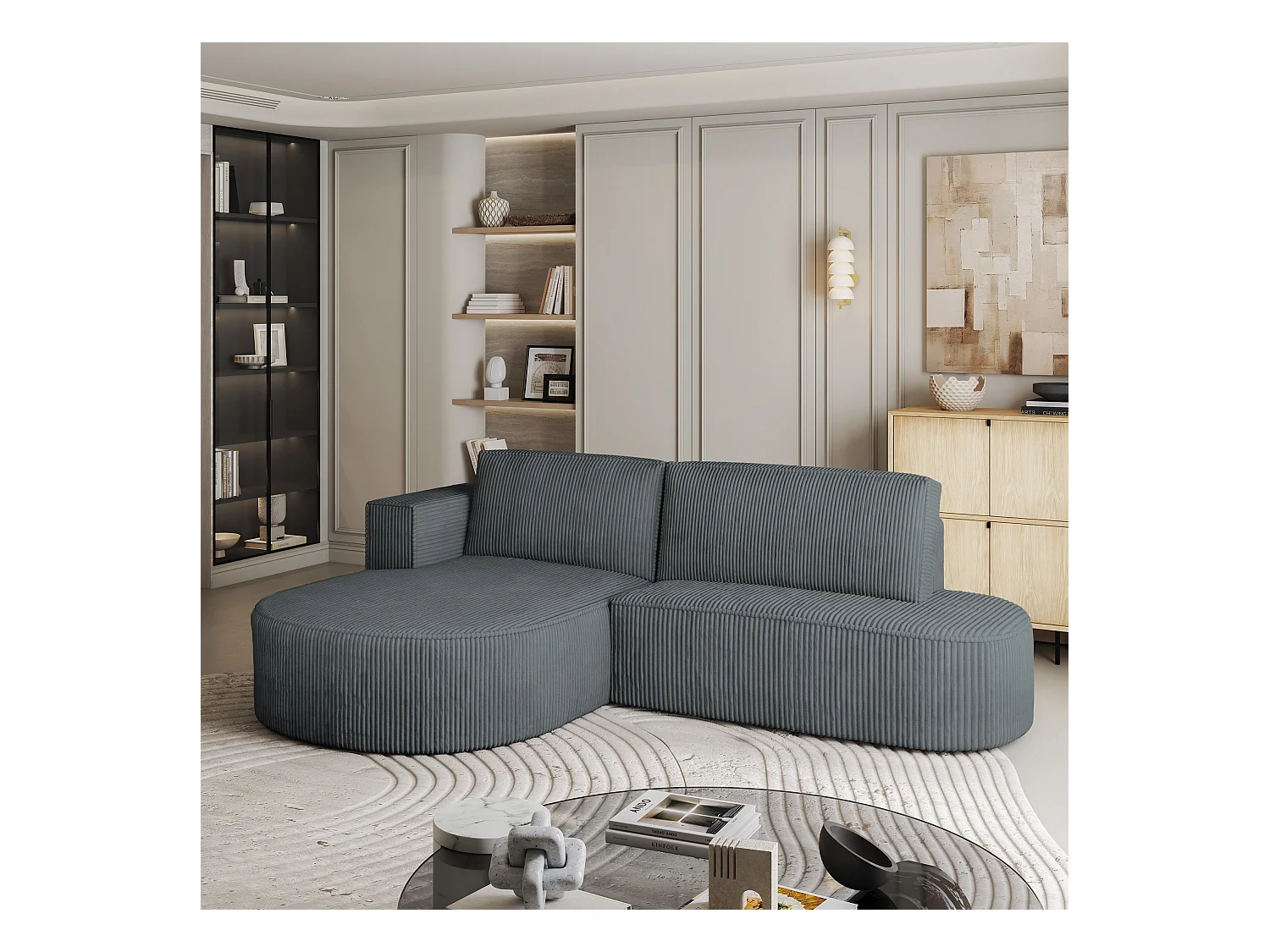 Canapé d'angle CORTIO Gris en velours côtelé avec fonction de couchage