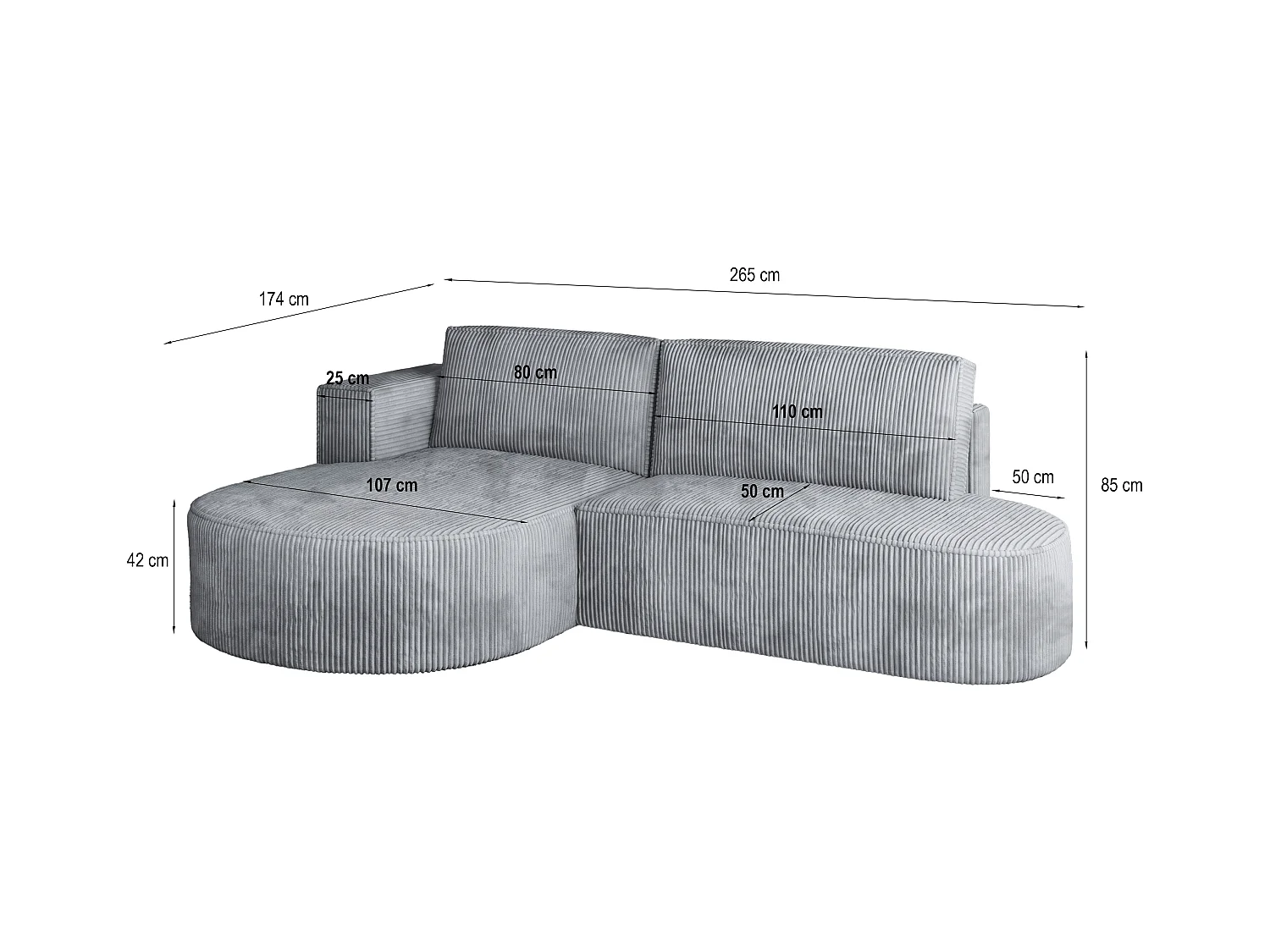 Canapé d'angle CORTIO Gris en velours côtelé avec fonction de couchage