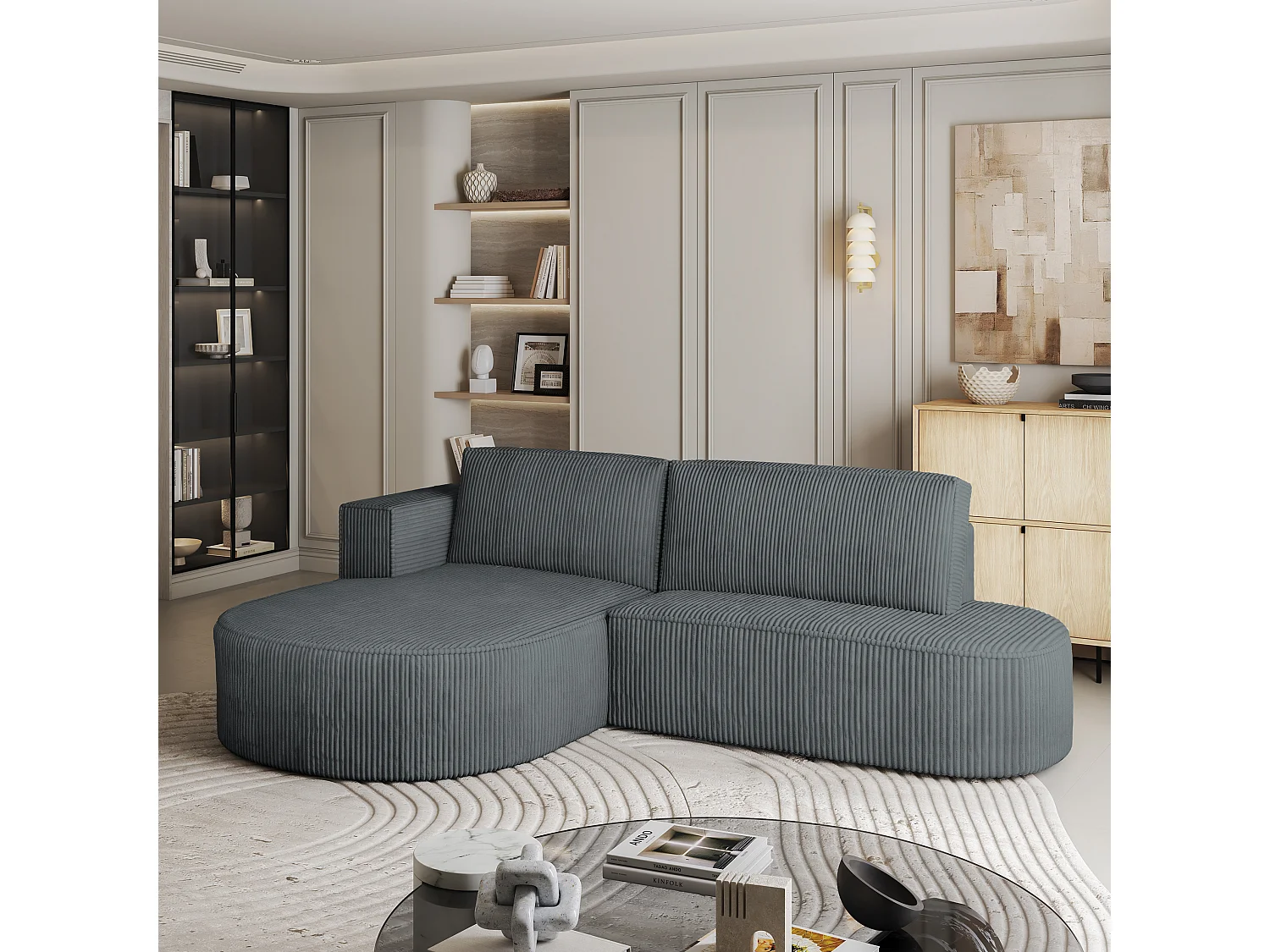 Canapé d'angle CORTIO Gris en velours côtelé avec fonction de couchage