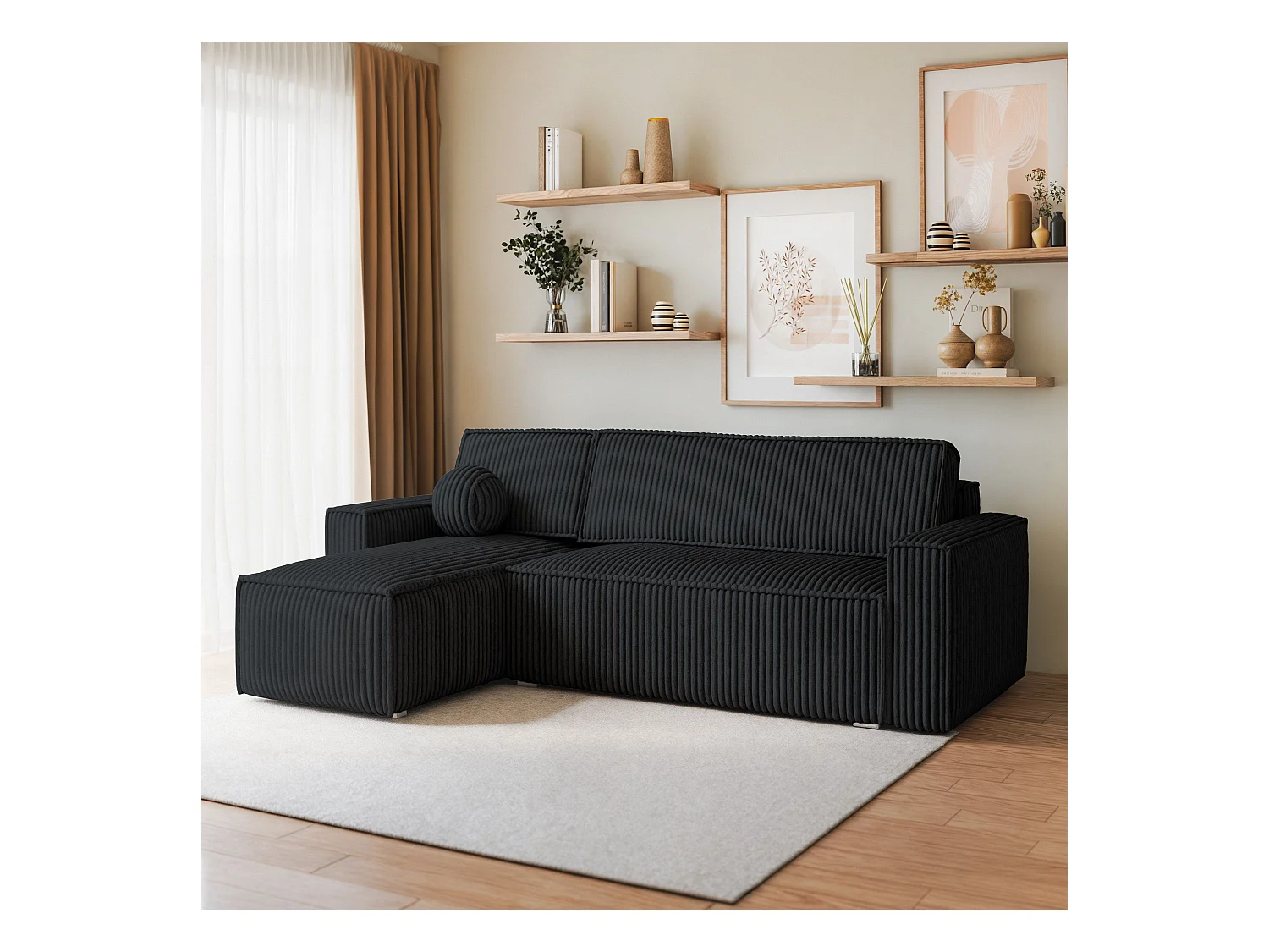 Canapé d'angle RAVELO Noir en velours côtelé avec fonction de couchage