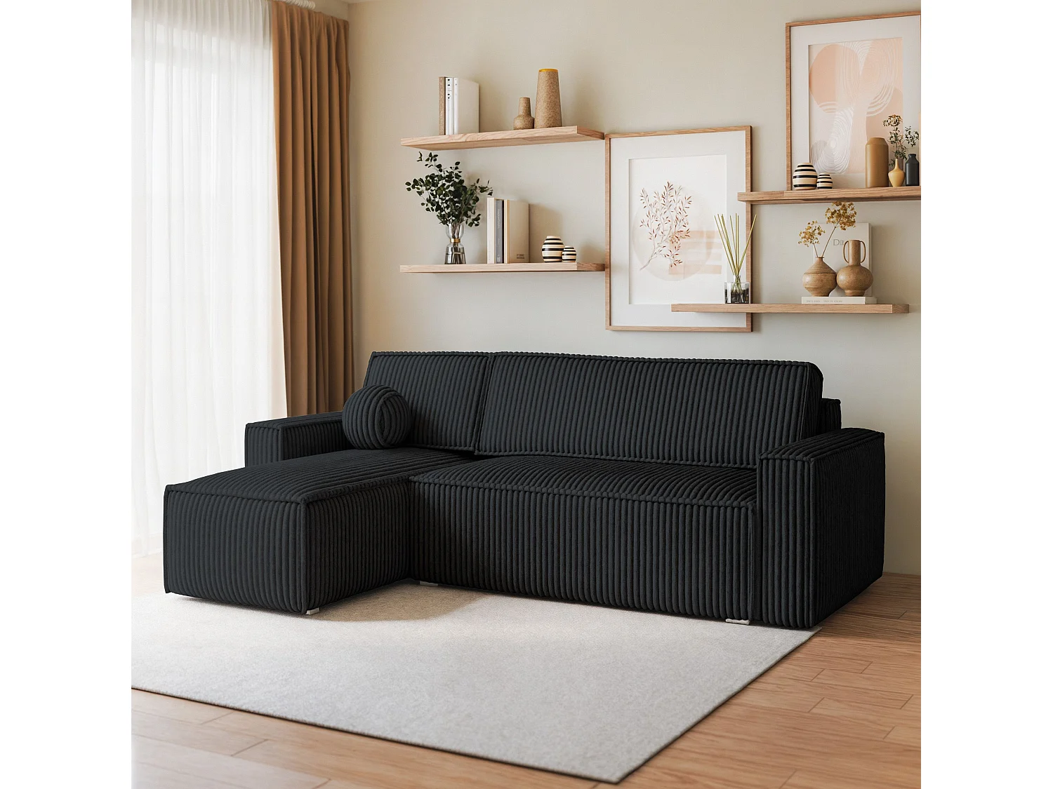 Canapé d'angle RAVELO Noir en velours côtelé avec fonction de couchage