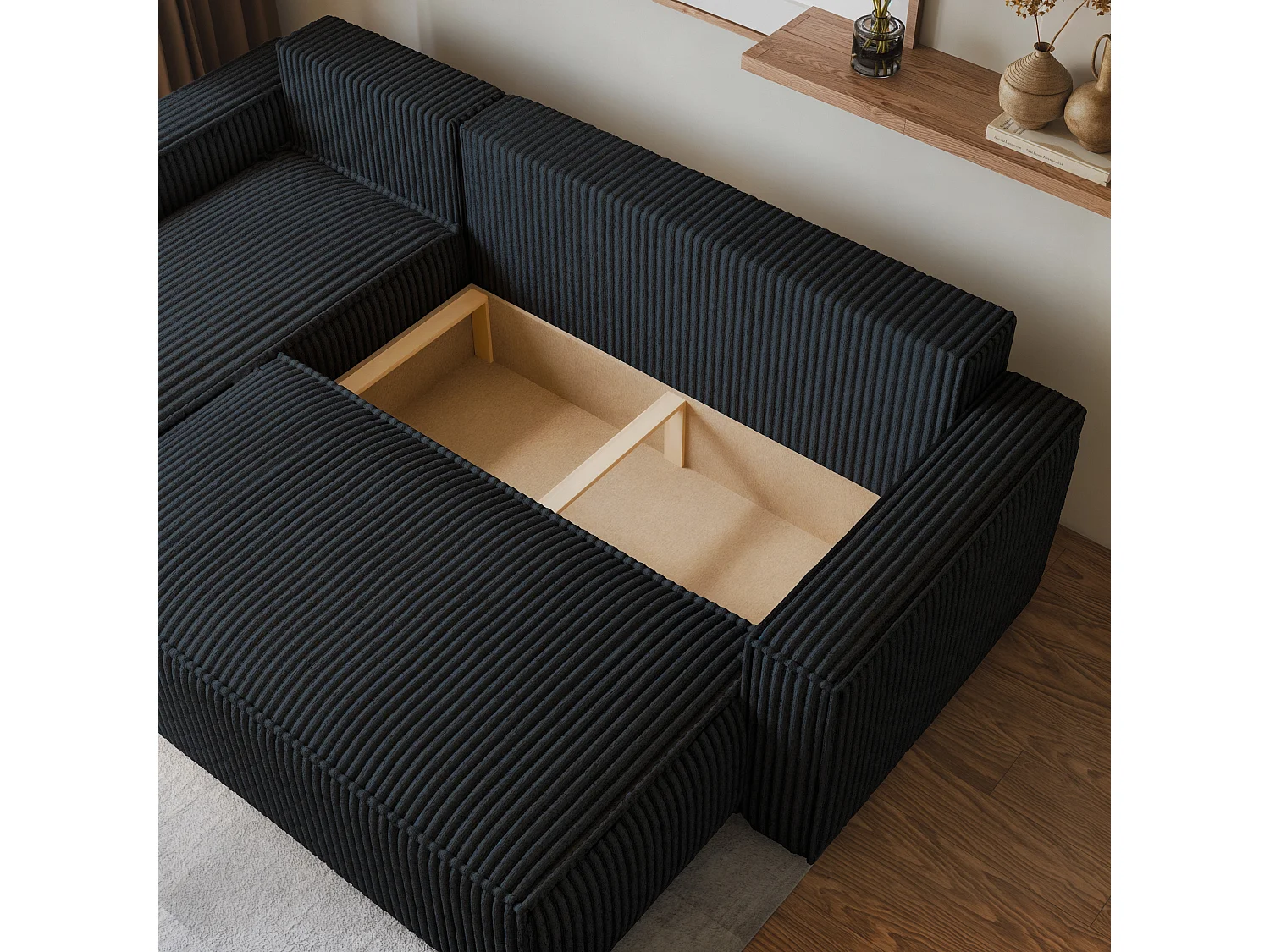 Canapé d'angle RAVELO Noir en velours côtelé avec fonction de couchage