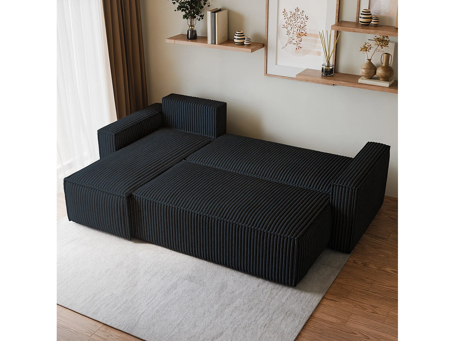 Canapé d'angle RAVELO Noir en velours côtelé avec fonction de couchage