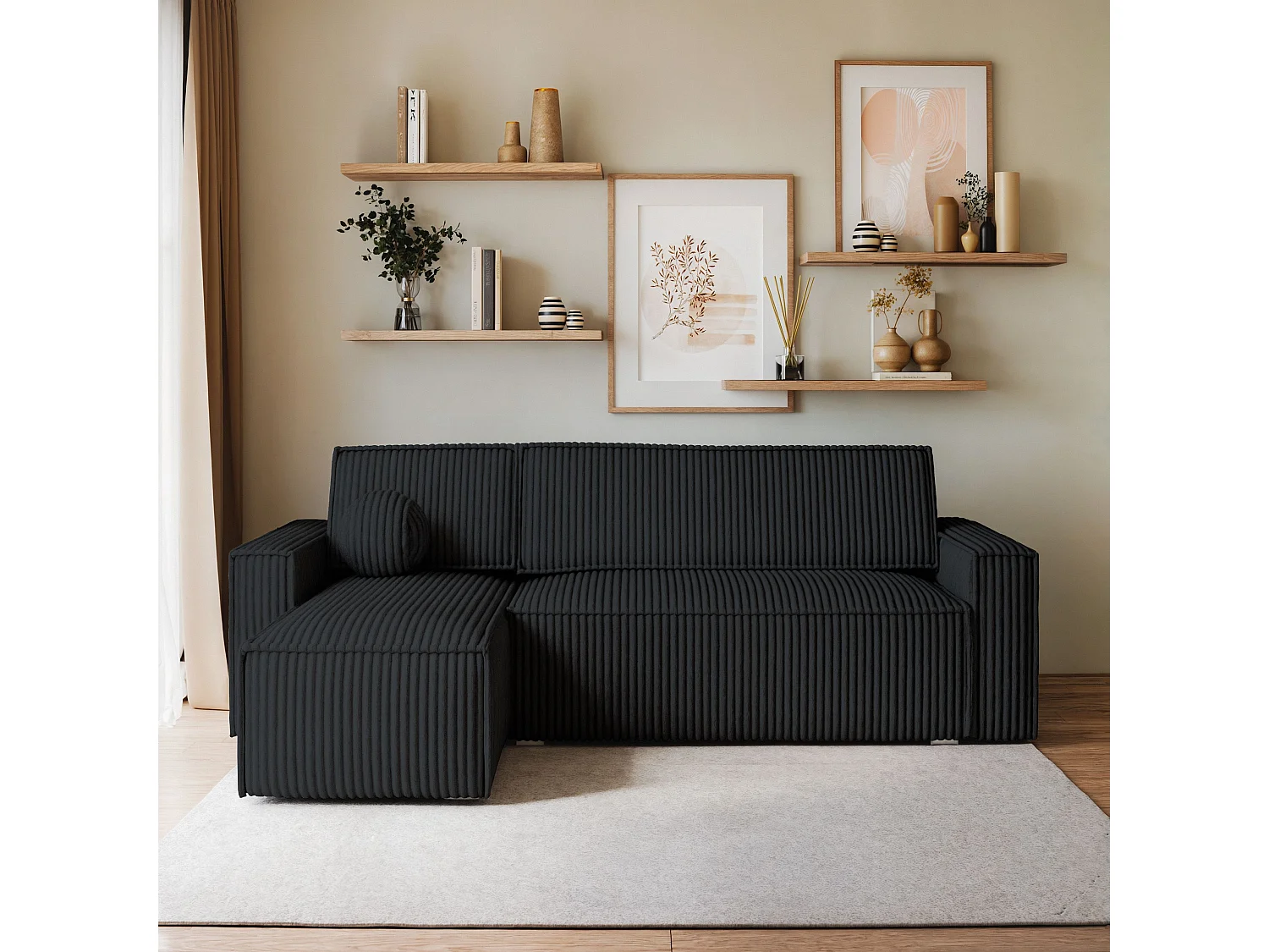 Canapé d'angle RAVELO Noir en velours côtelé avec fonction de couchage