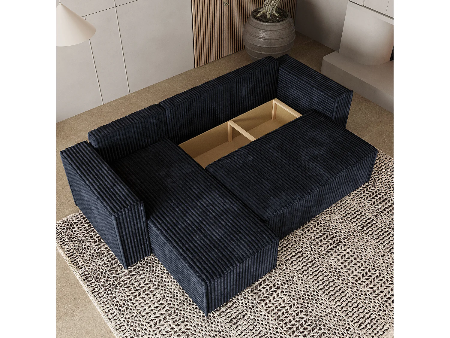 Hoekbank RAVELO van fluweel met slaapfunctie Schwarz
