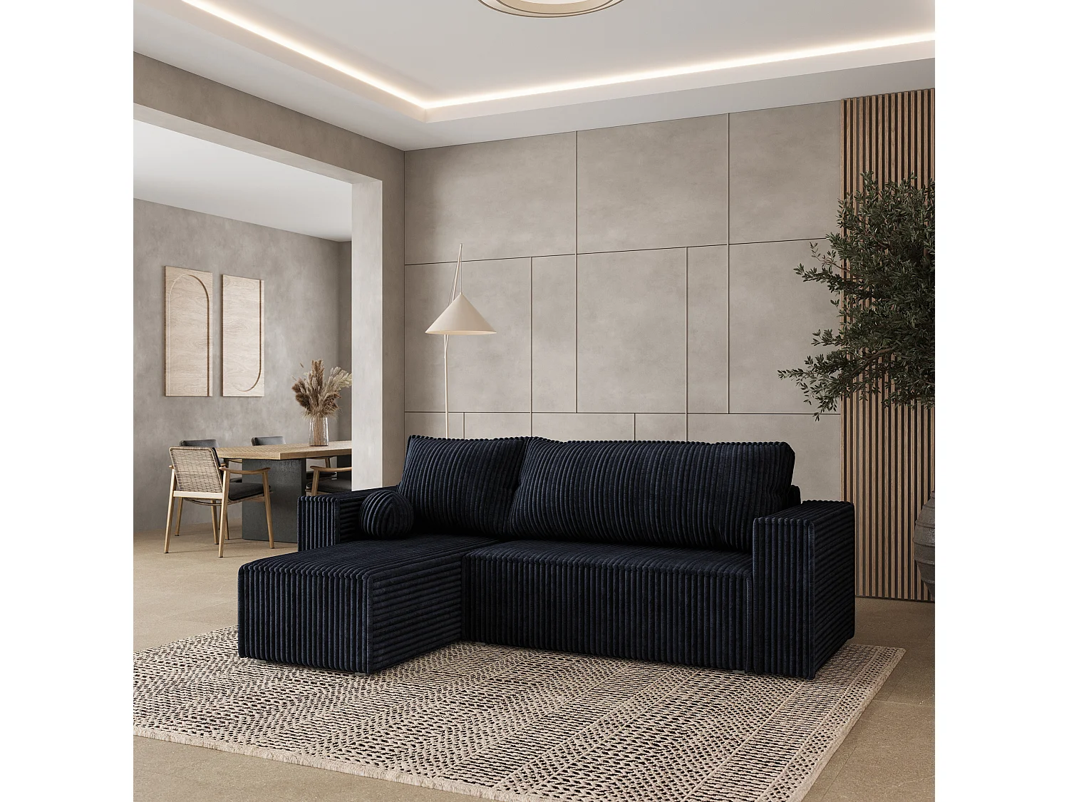 Canapé d'angle RAVELO Noir en velours côtelé avec fonction de couchage