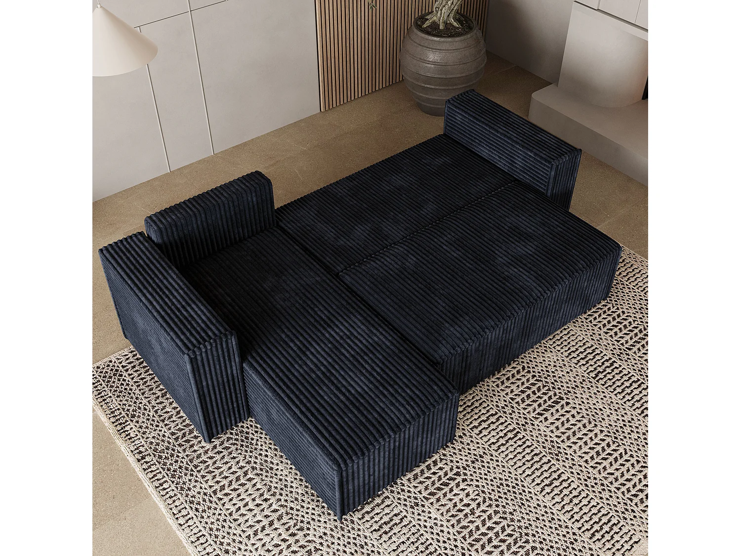 Canapé d'angle RAVELO Noir en velours côtelé avec fonction de couchage