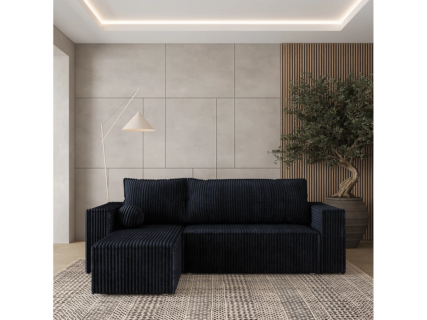 Canapé d'angle RAVELO Noir en velours côtelé avec fonction de couchage