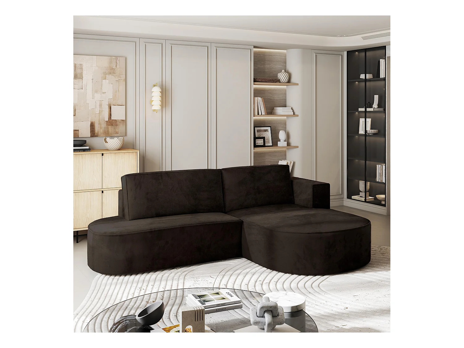 Canapé d'angle CORTIO Marron en velours avec fonction de couchage