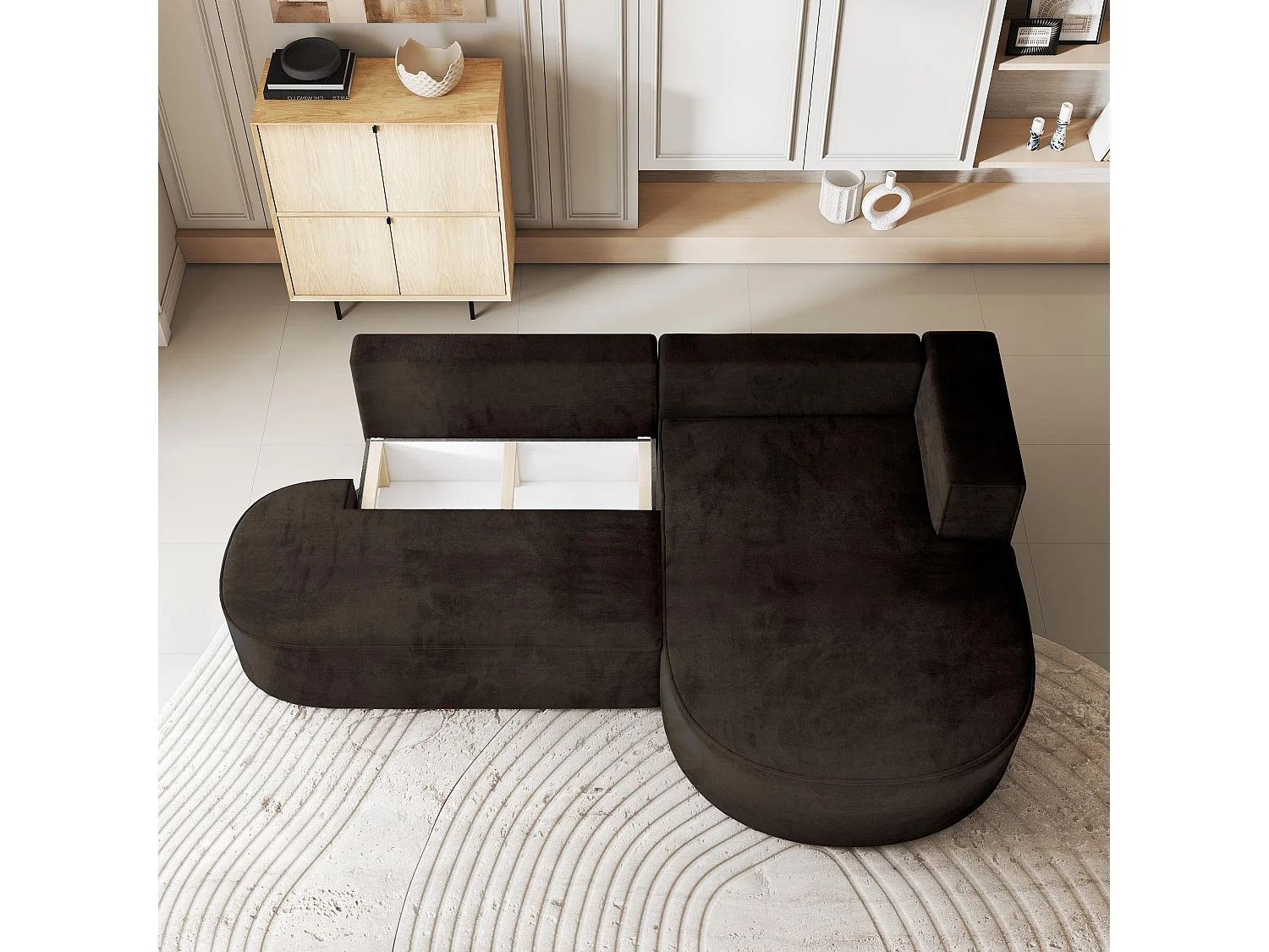 Canapé d'angle CORTIO Marron en velours avec fonction de couchage