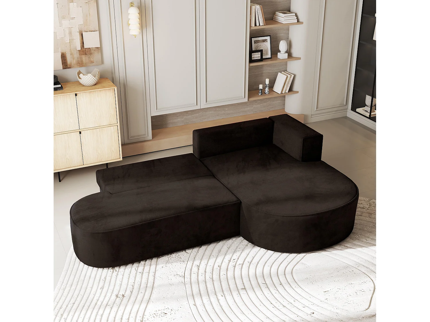 Canapé d'angle CORTIO Marron en velours avec fonction de couchage