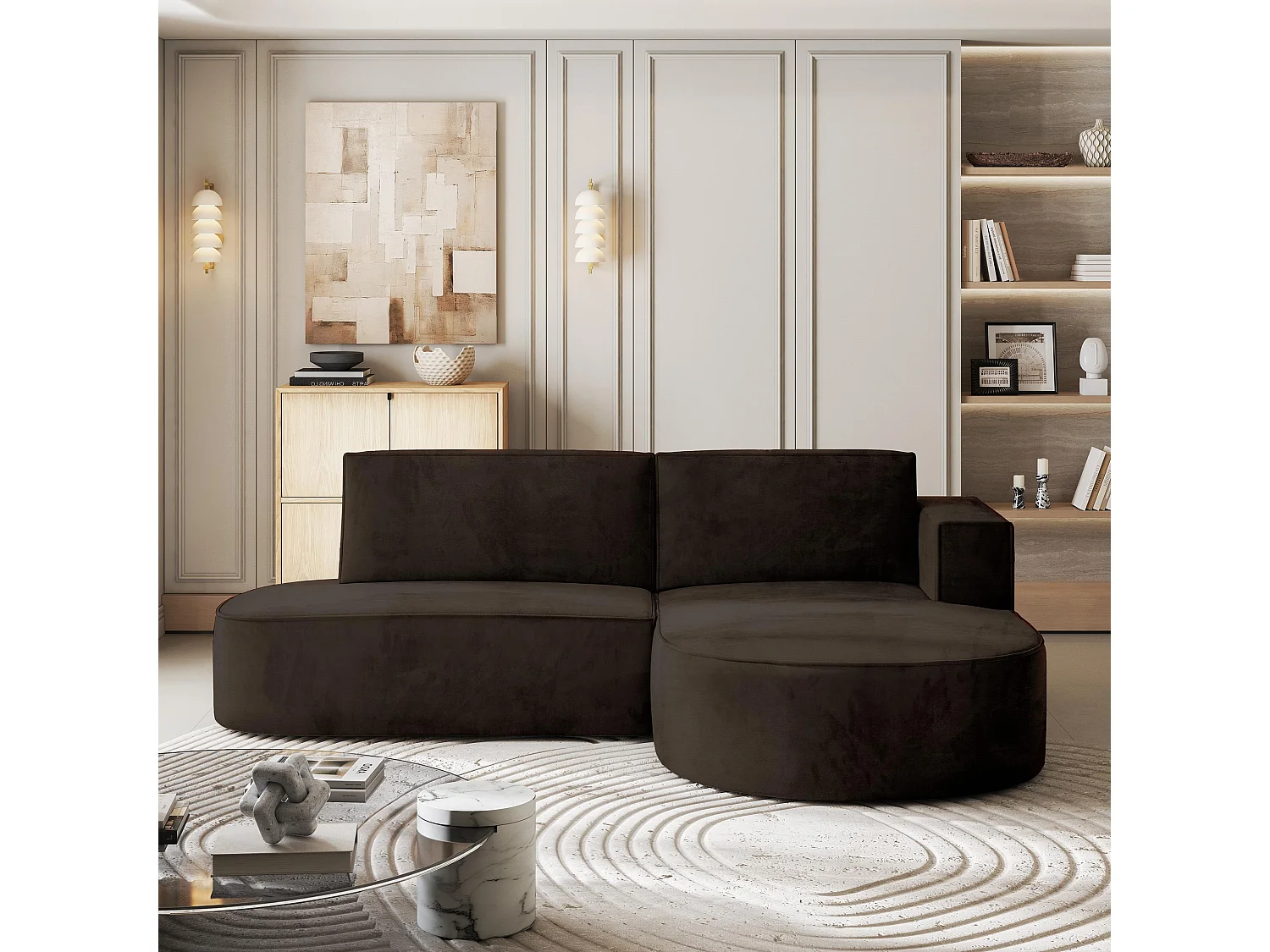 Canapé d'angle CORTIO Marron en velours avec fonction de couchage