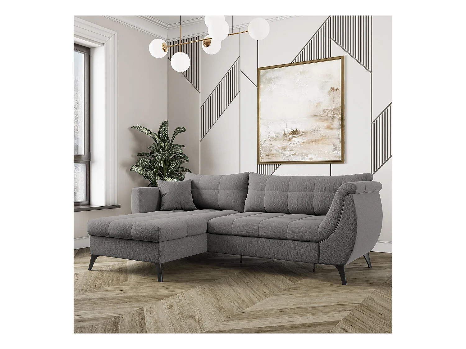 Canapé d'angle MOLLIS Gris en tissu texturé avec fonction de couchage