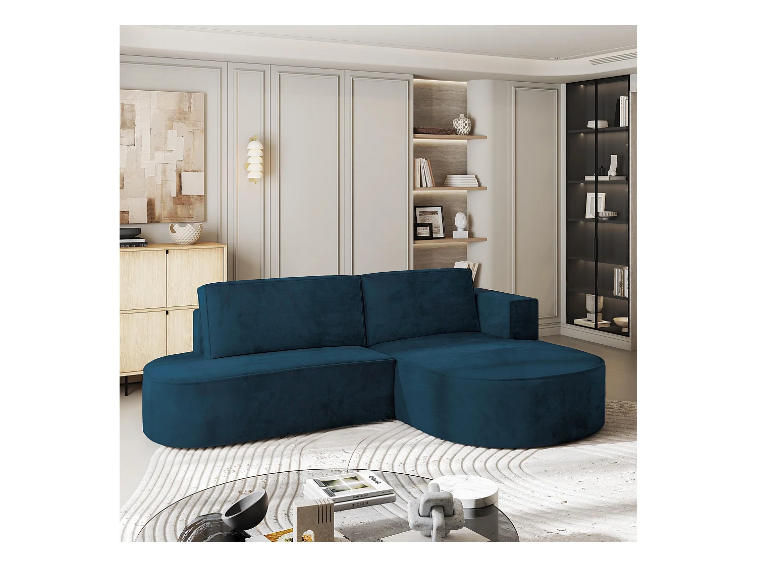 Canapé d'angle CORTIO Bleu en velours avec fonction de couchage
