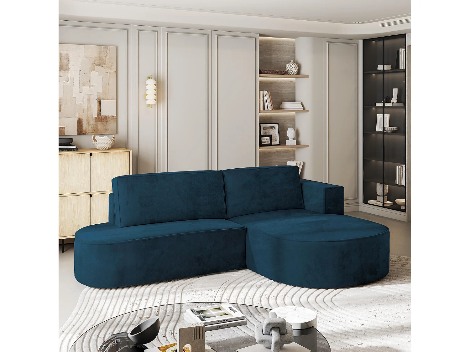 Canapé d'angle CORTIO Bleu en velours avec fonction de couchage