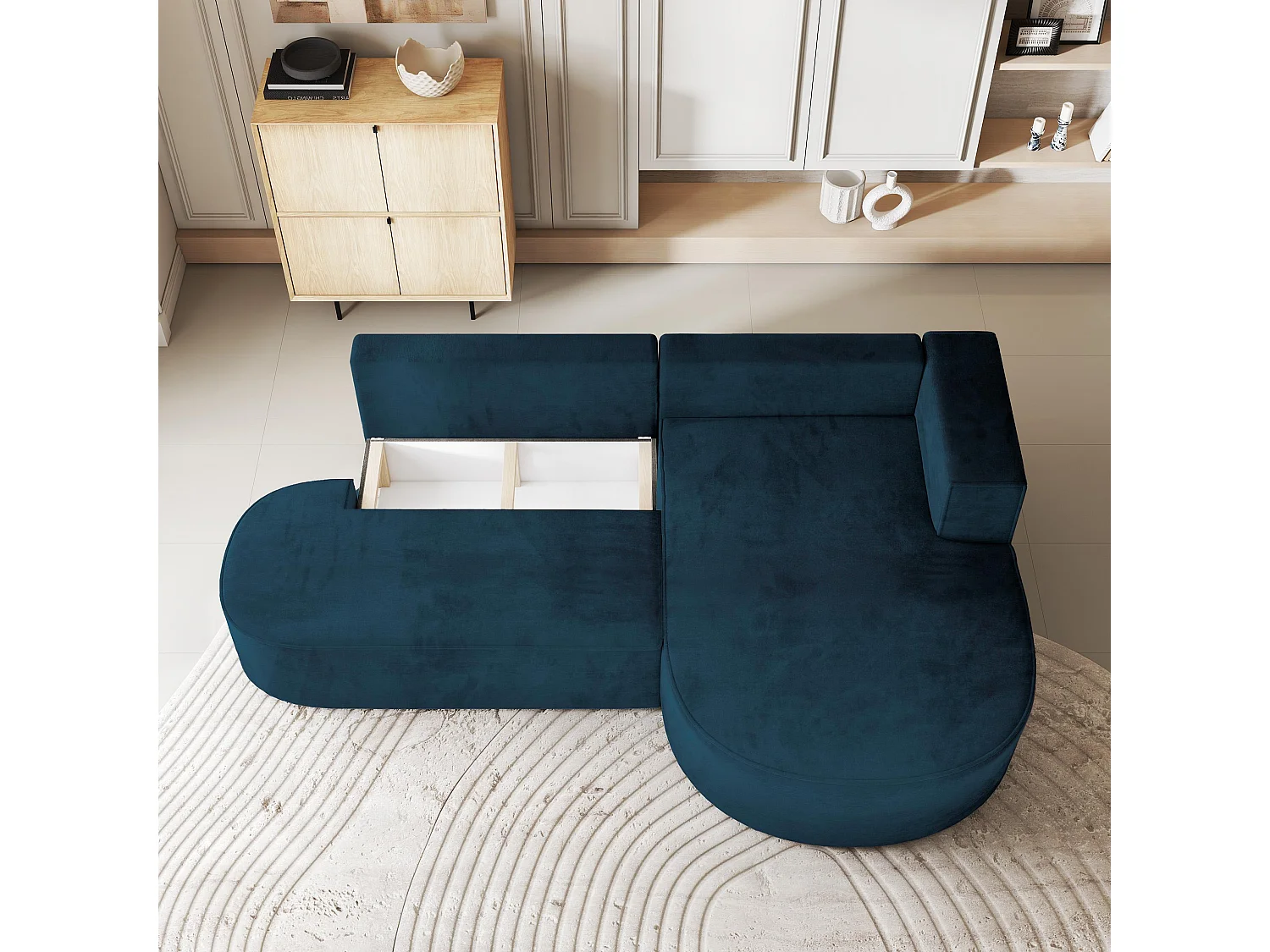 Canapé d'angle CORTIO Bleu en velours avec fonction de couchage