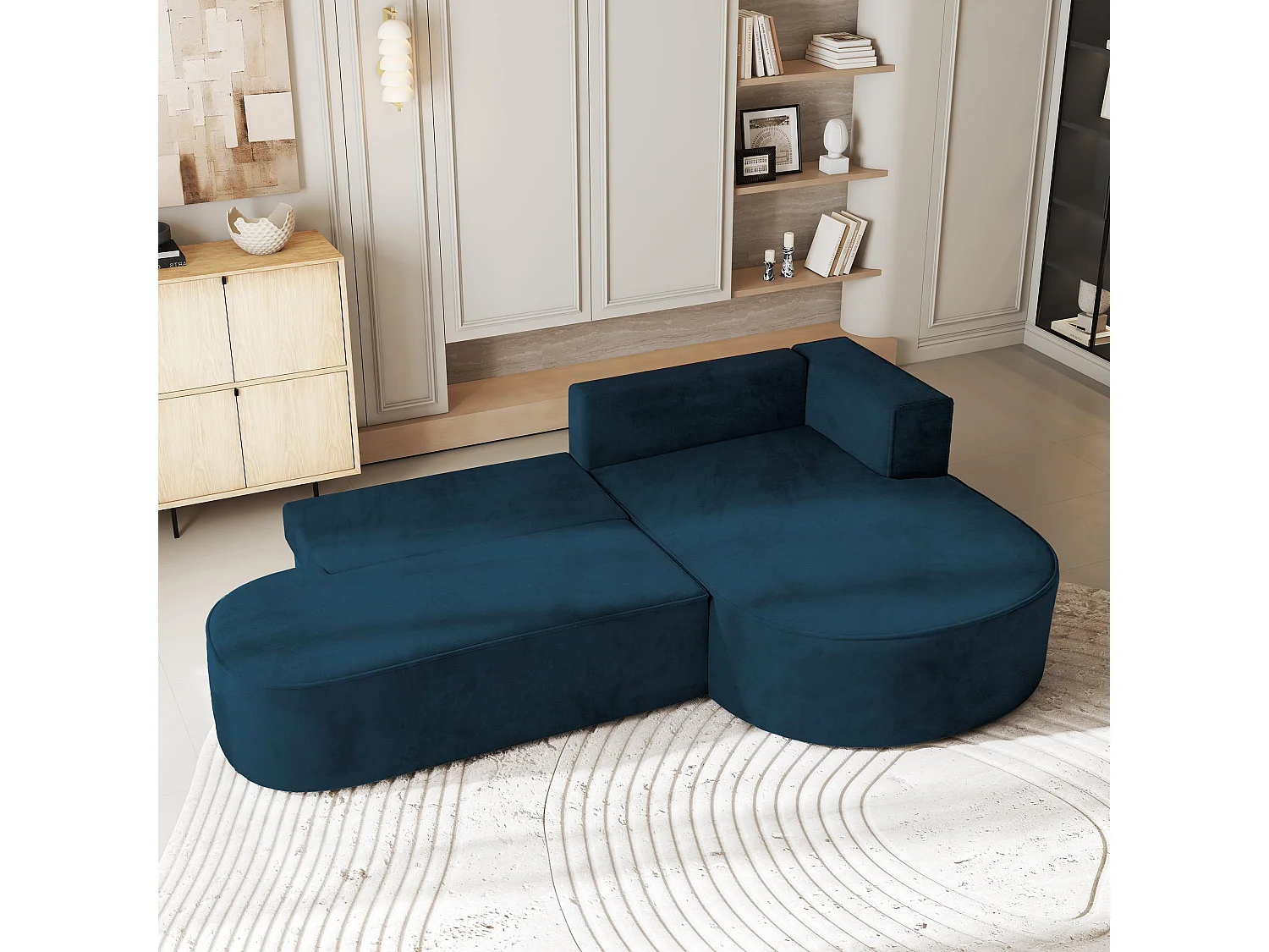 Canapé d'angle CORTIO Bleu en velours avec fonction de couchage
