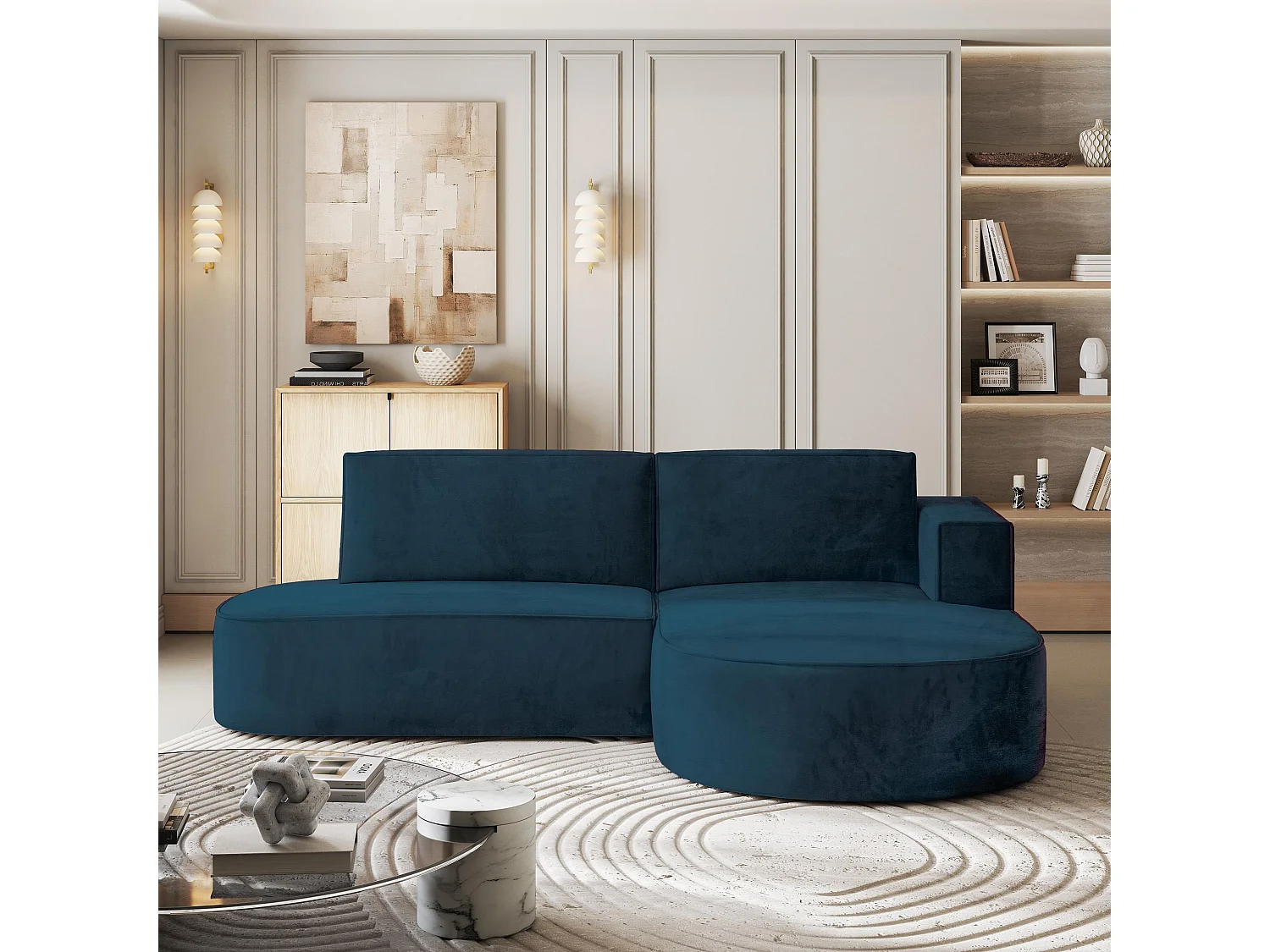 Canapé d'angle CORTIO Bleu en velours avec fonction de couchage