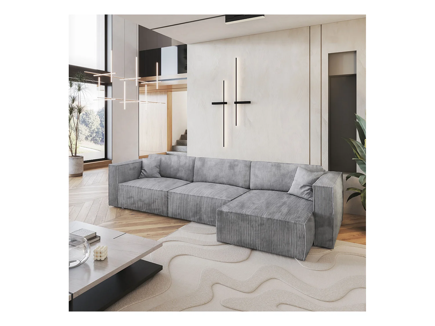 Canapé d'angle TOLMO Gris clair en velours côtelé avec fonction de couchage