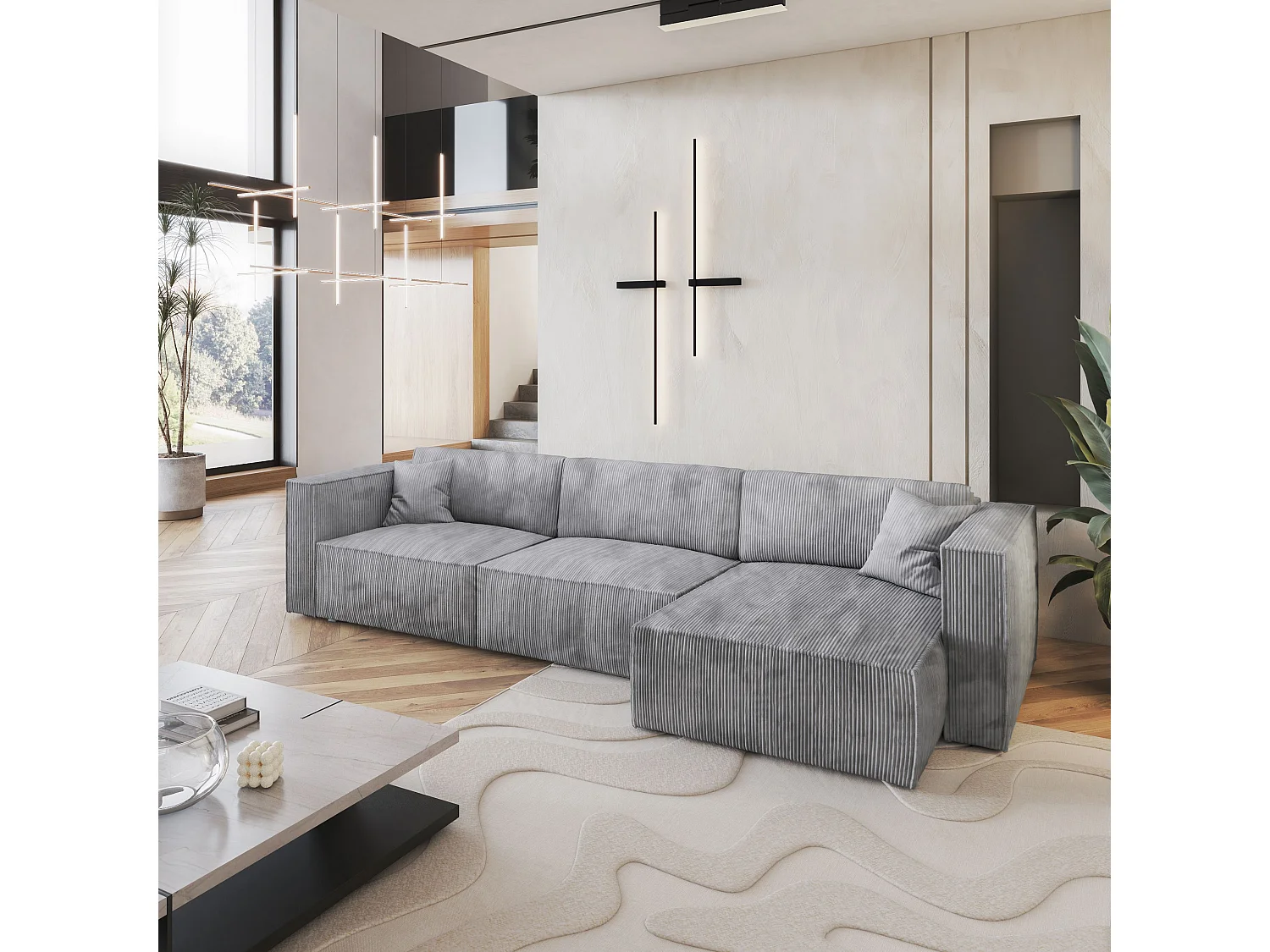 Canapé d'angle TOLMO Gris clair en velours côtelé avec fonction de couchage