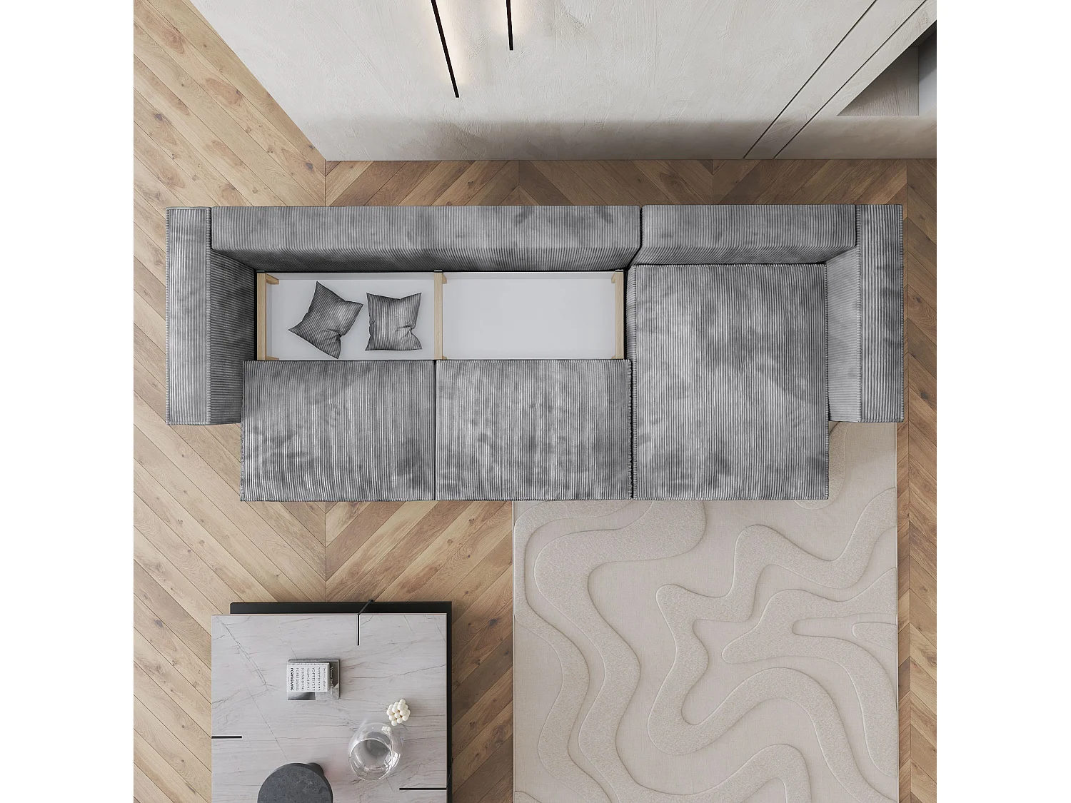 Canapé d'angle TOLMO Gris clair en velours côtelé avec fonction de couchage