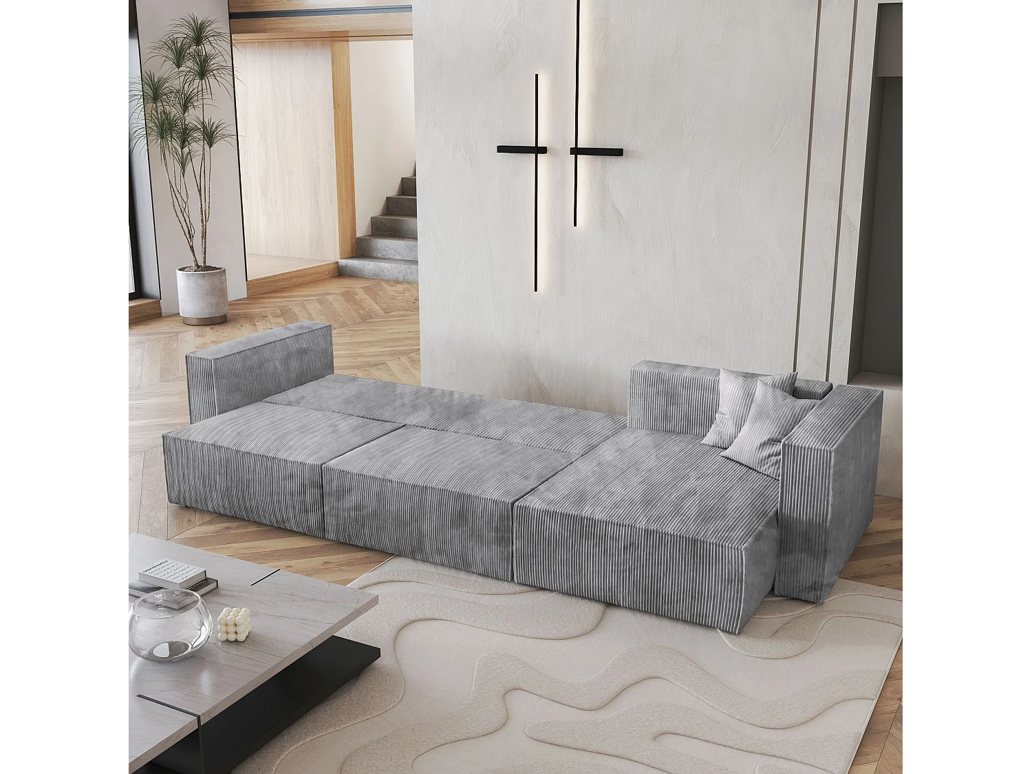 Canapé d'angle TOLMO Gris clair en velours côtelé avec fonction de couchage