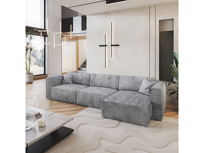 Canapé d'angle TOLMO Gris clair en velours côtelé avec fonction de couchage