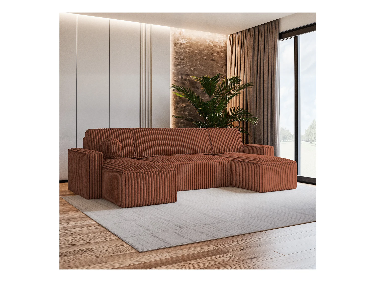 Canapé d'angle PESANO Marron en velours côtelé avec fonction de couchage