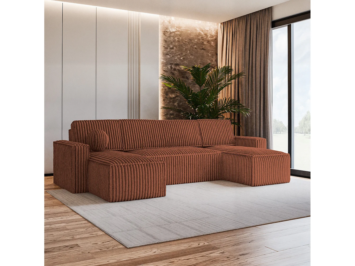 Canapé d'angle PESANO Marron en velours côtelé avec fonction de couchage