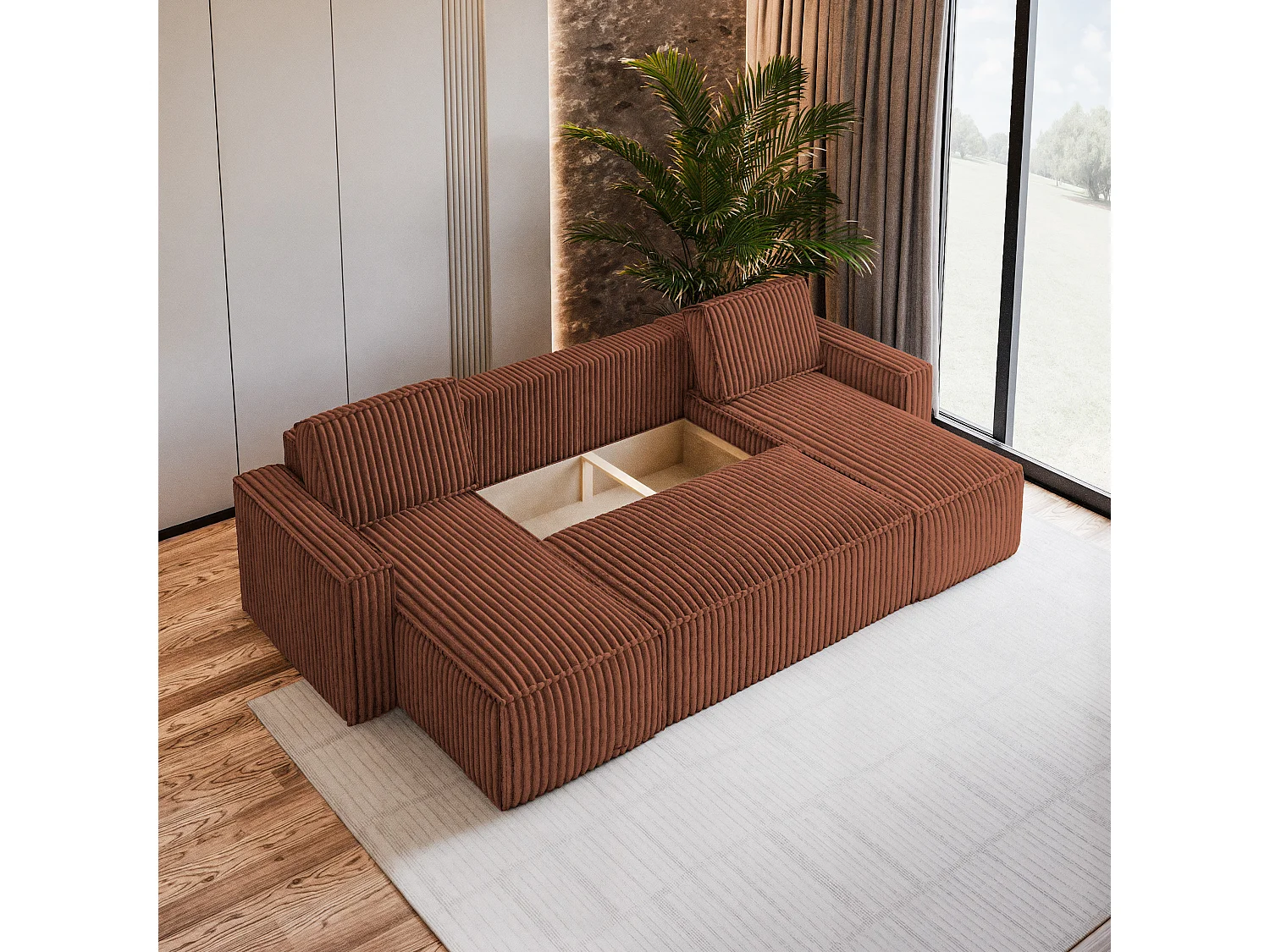 Canapé d'angle PESANO Marron en velours côtelé avec fonction de couchage