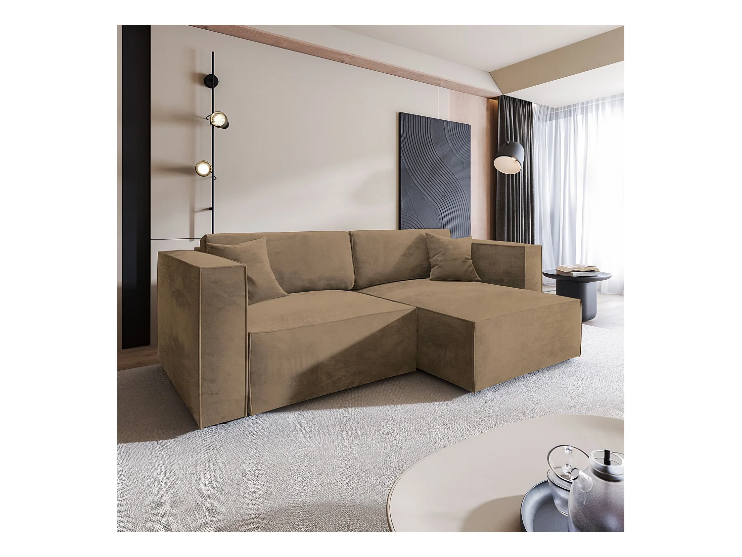 Canapé d'angle NERIO Beige en velours avec fonction de couchage