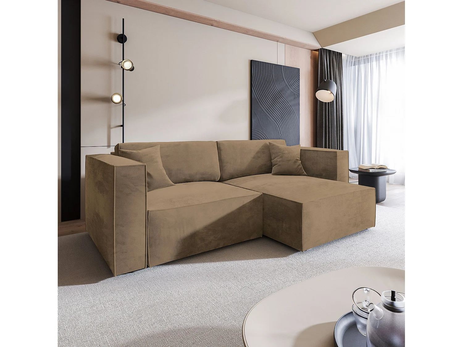 Canapé d'angle NERIO Beige en velours avec fonction de couchage